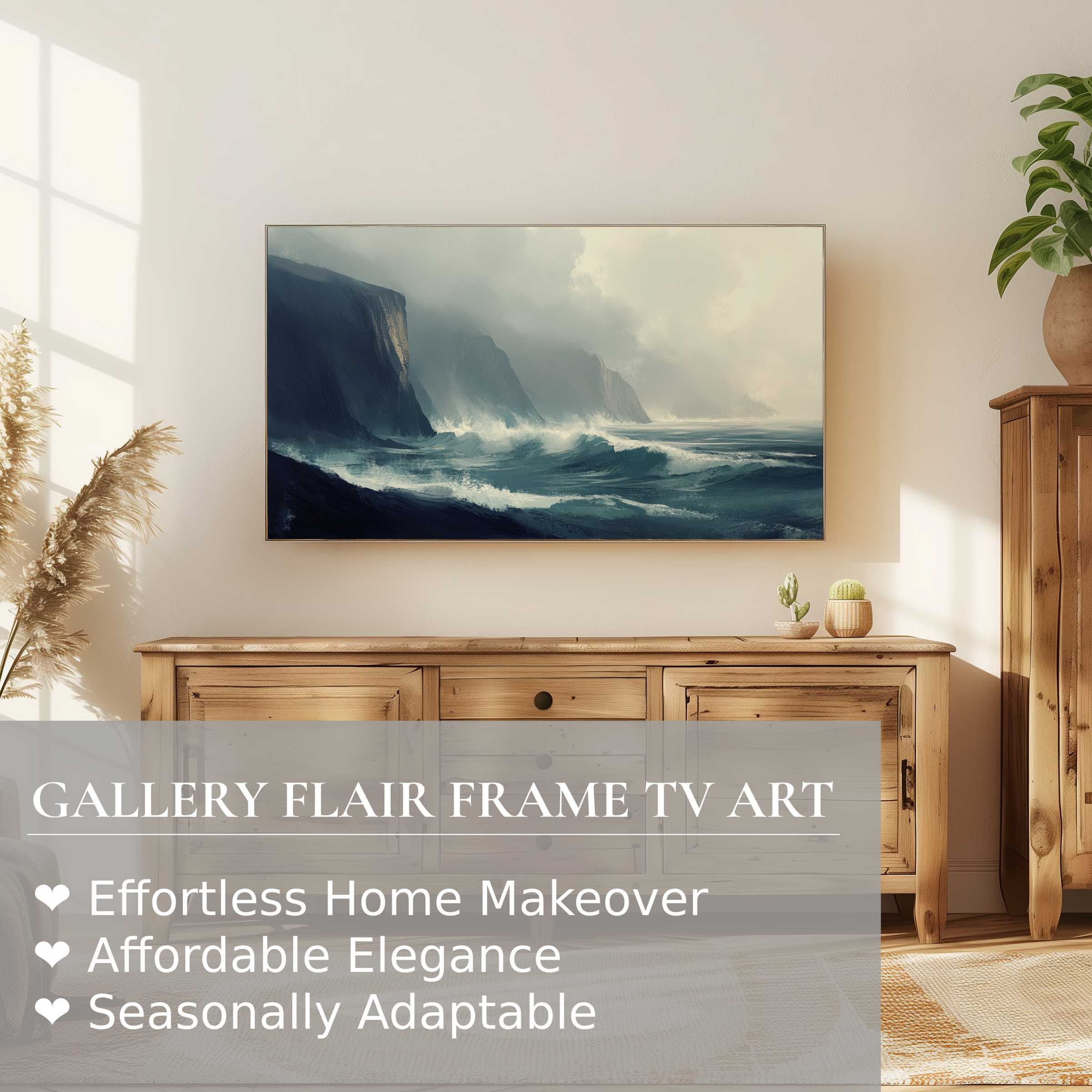 Samsung Frame TV displays moody seascape in refined landscape digital artwork, perfect for elegant modern interiors
