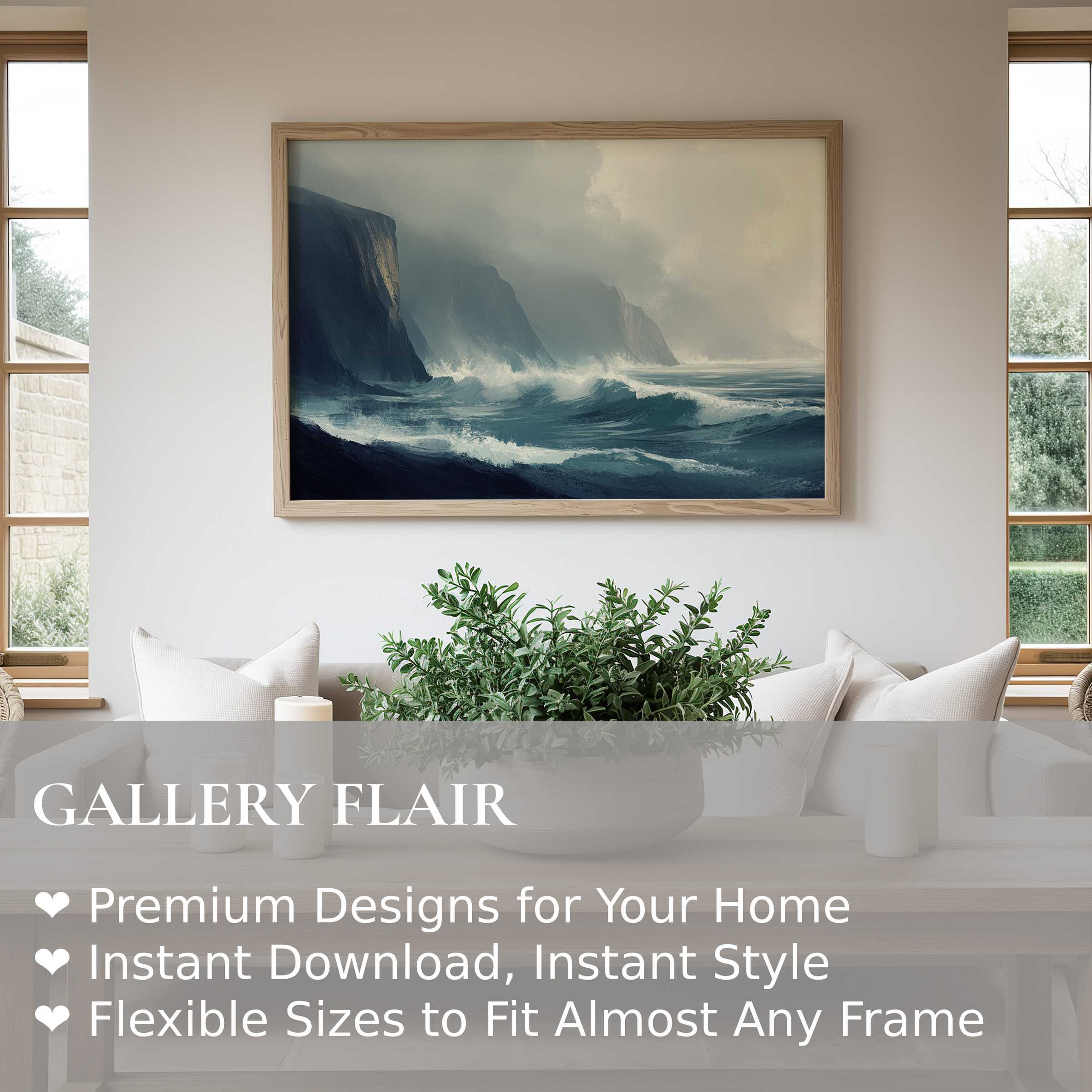 Moody landscape wall art print capturing dramatic ocean waves and cliffs, enhancing serene, modern coastal interiors with bold, calming energy