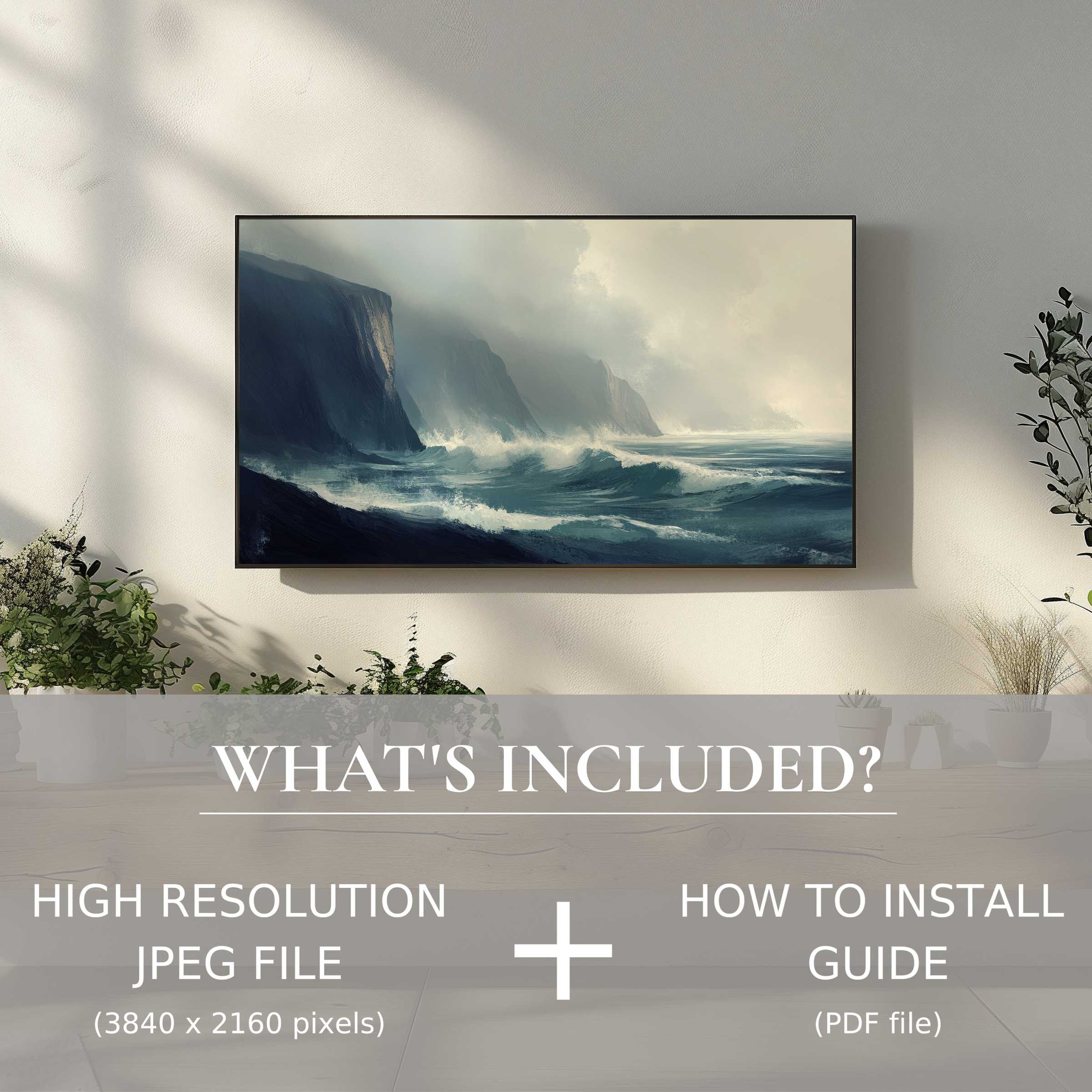Elegant landscape digital TV art download enhances your living space with easy digital use and stunning coastal views