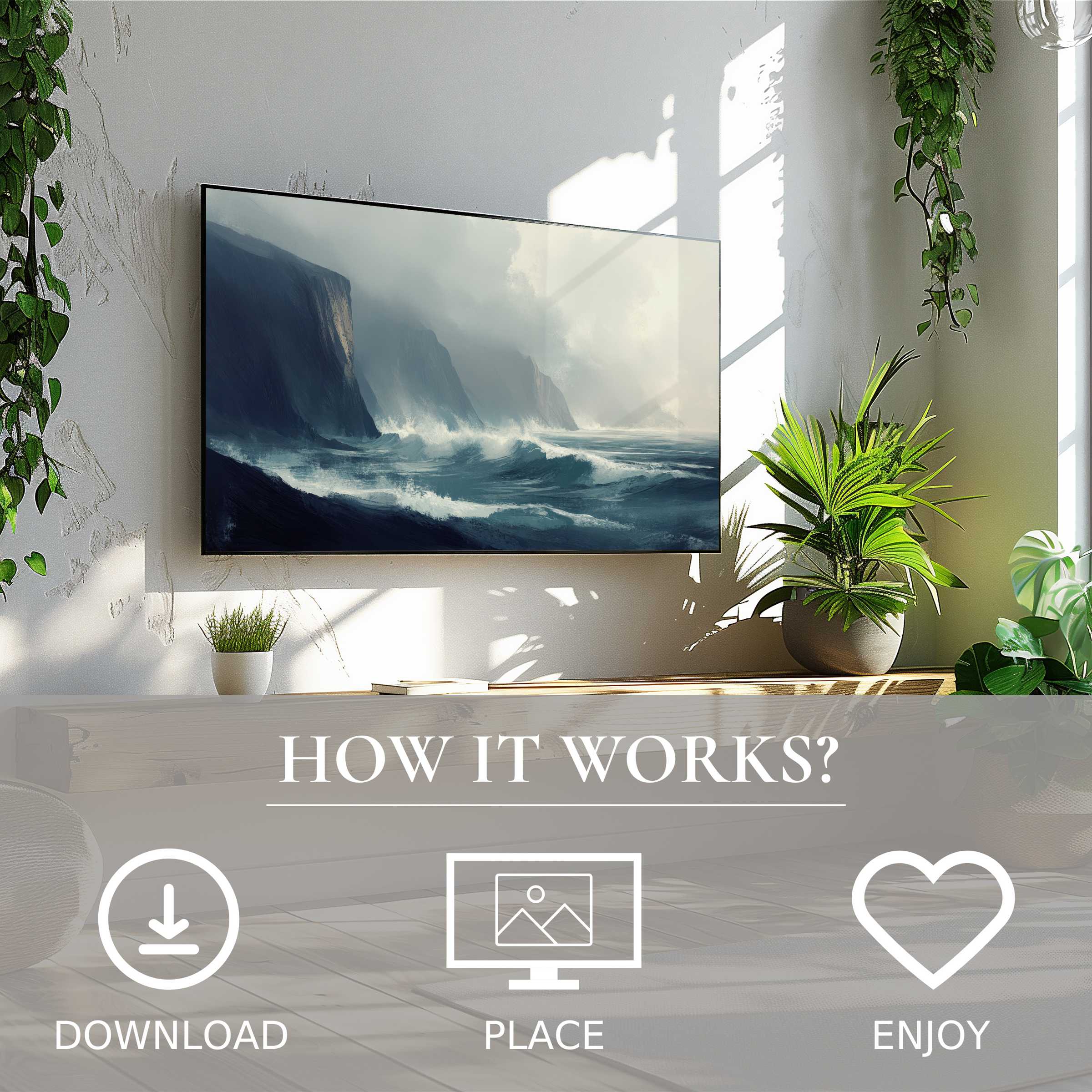 Modern living space with landscape art for Samsung TV; digital download shows moody ocean waves enriching decor
