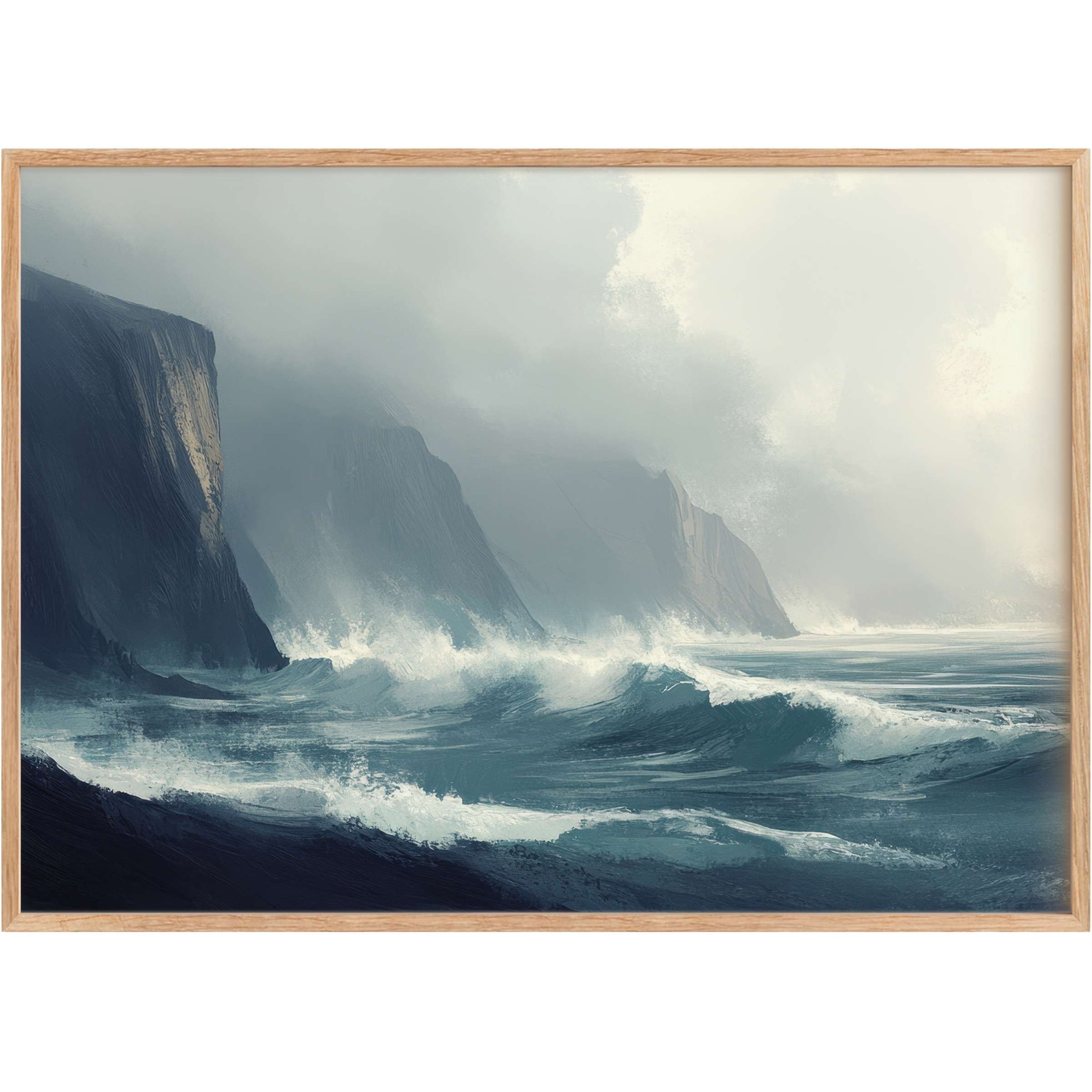 Dramatic landscape printable wall art capturing misty cliffs and turbulent teal waves, evoking a serene yet powerful coastal ambiance