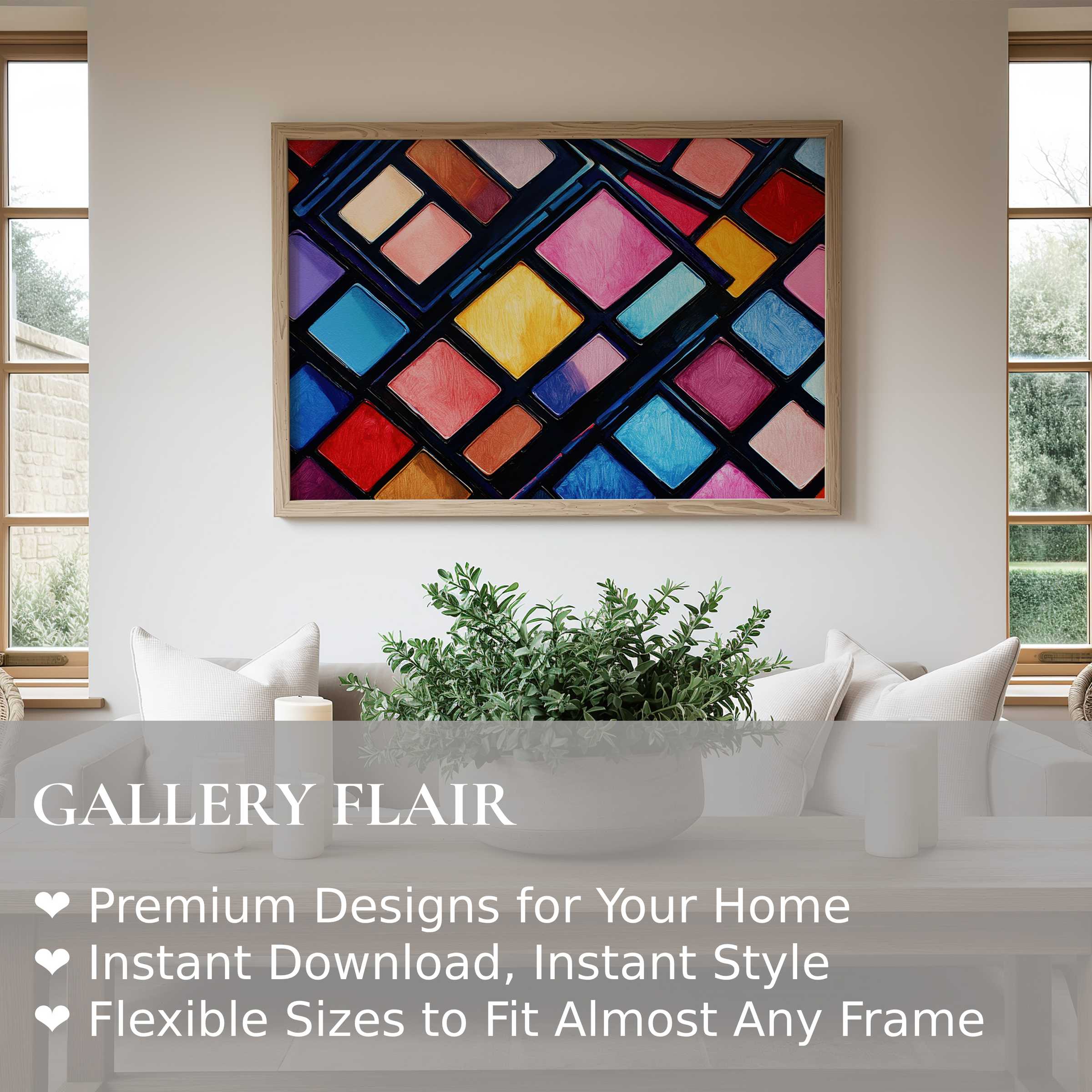 Vibrant pop art wall art print featuring bold geometric color blocks in a modern minimalist living room, enhancing contemporary elegance