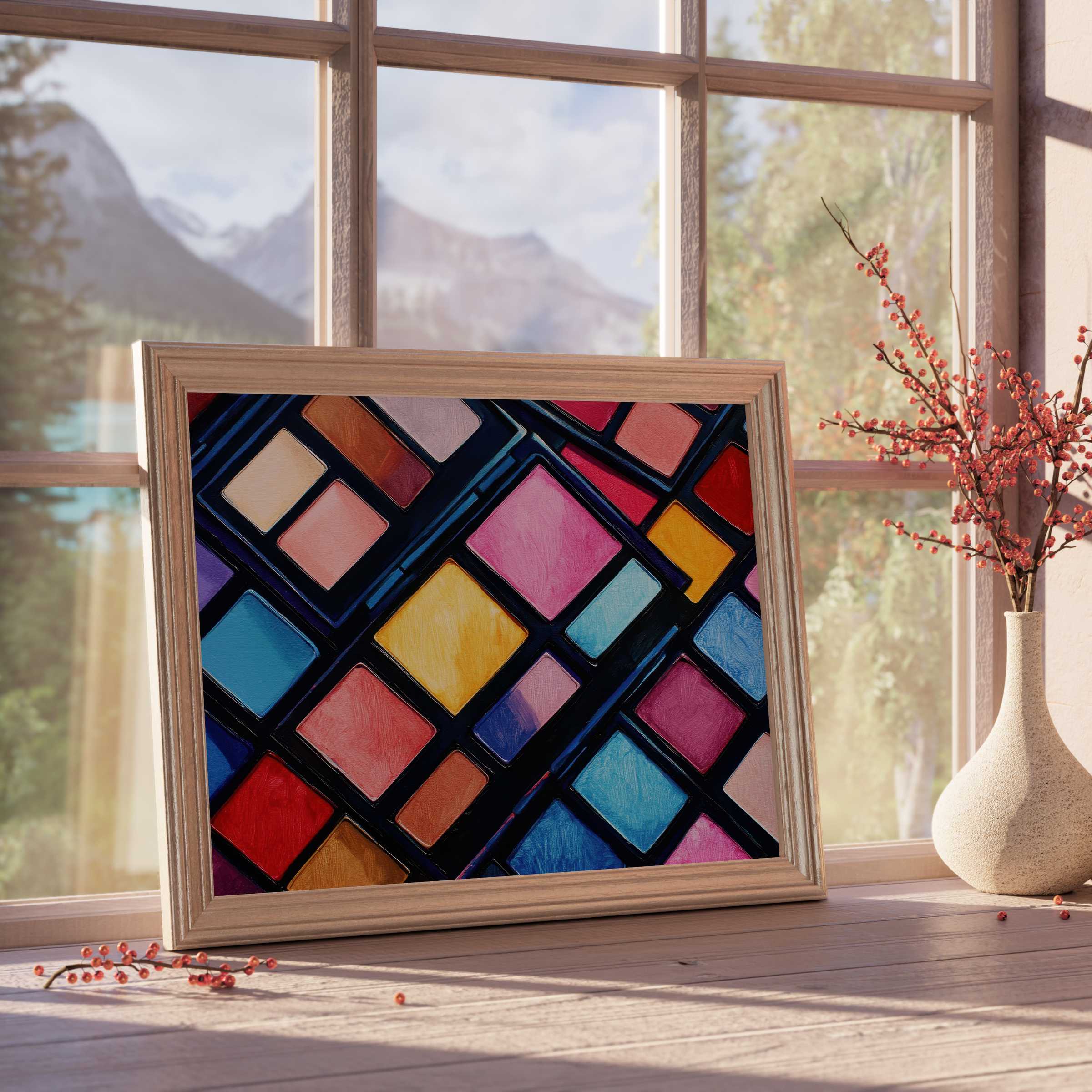 Vibrant pop art downloadable art in soft wooden frame, elevating serene modern interiors with rich colors and a curated, calming ambiance