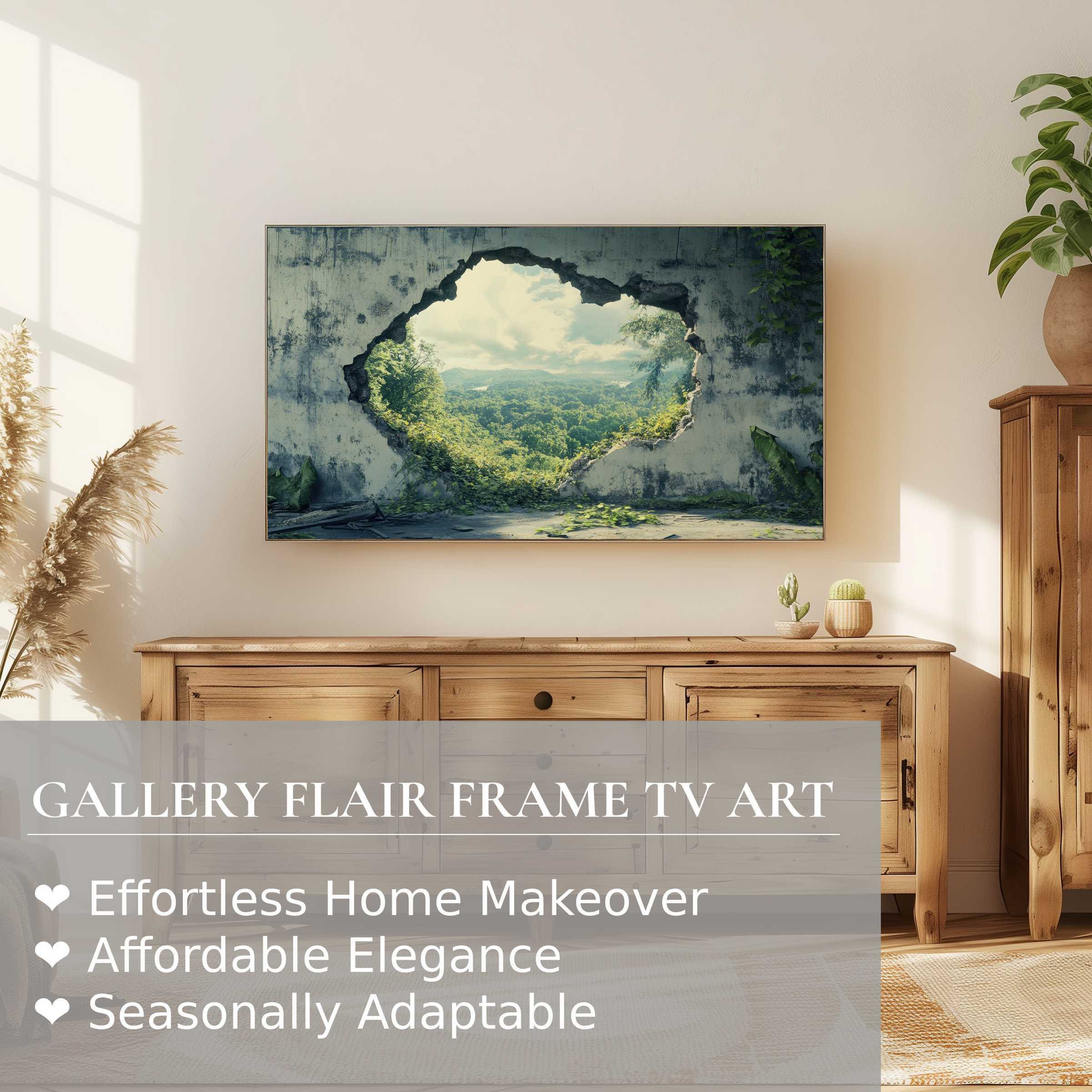 Samsung Frame TV displaying street art digital artwork of a nature scene through a broken wall in a modern living room