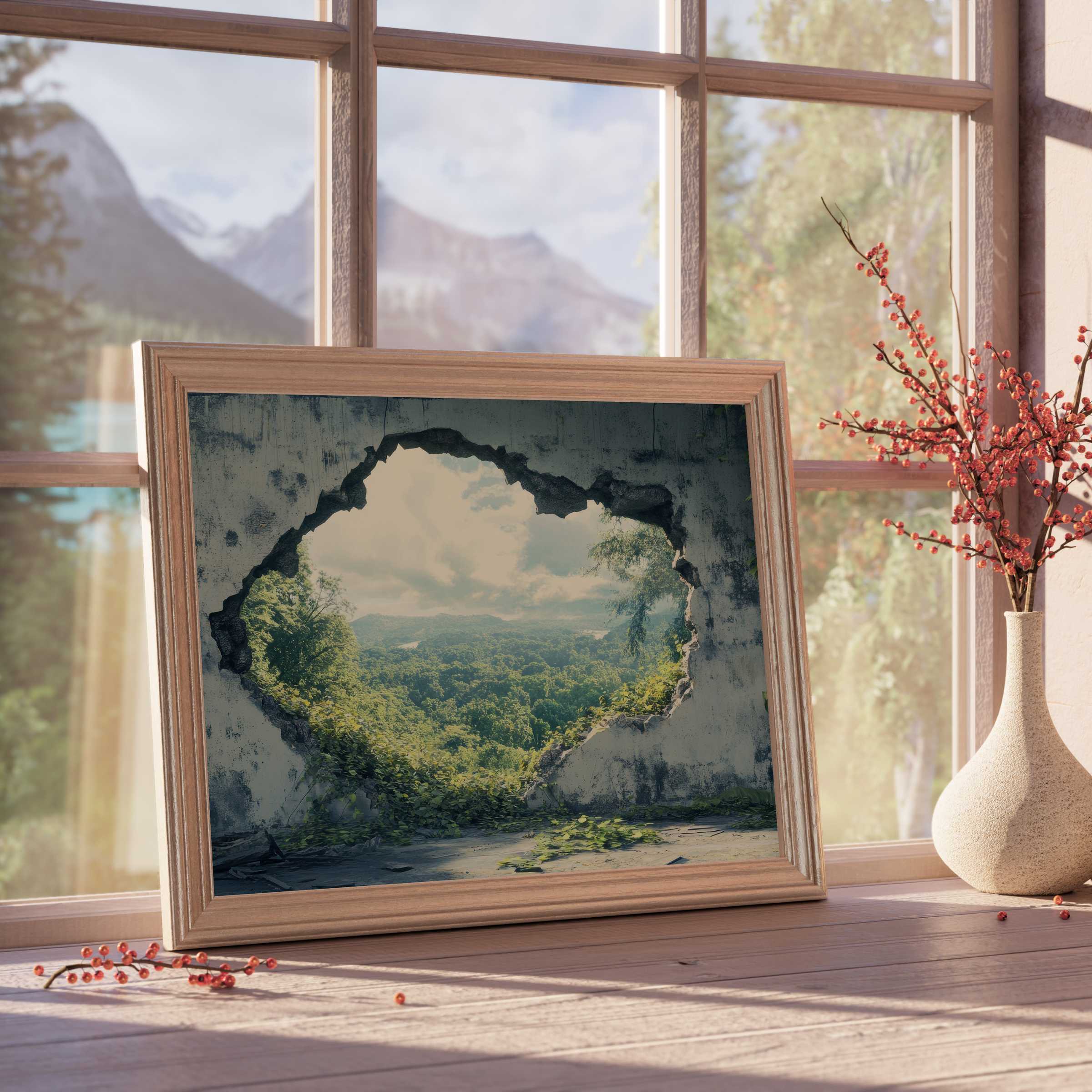 Framed street art downloadable art revealing a lush, sunlit forest through a rustic wall crack, enhancing serene, design-forward interiors