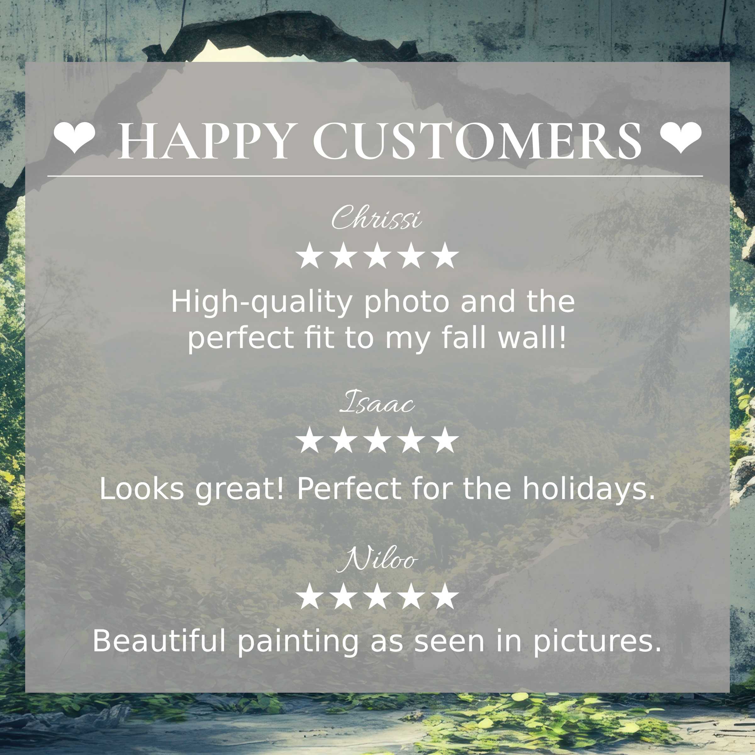 Street art for Frame TV with lush natural cave background, showcasing happy customer reviews and refined product allure