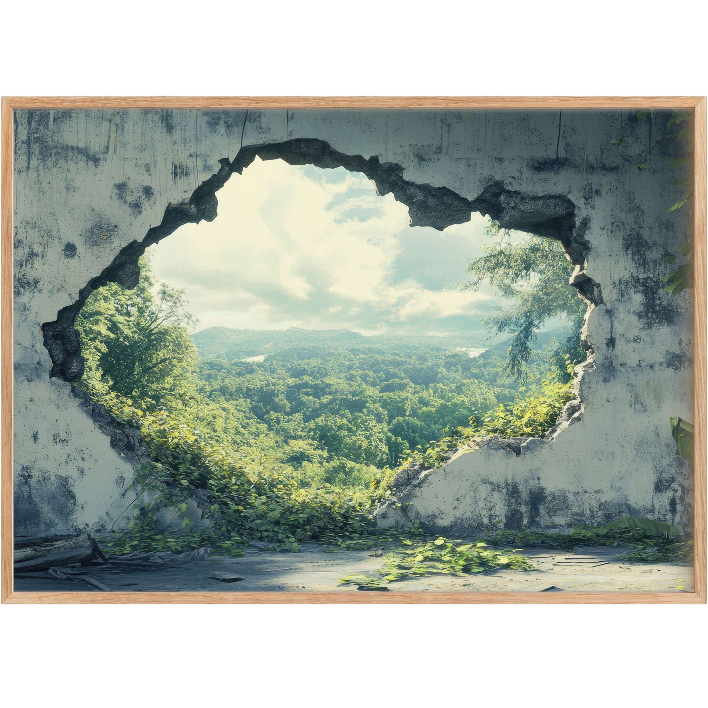 Street art printable wall art revealing a lush green forest through a weathered wall, evoking serene, uplifting tranquility
