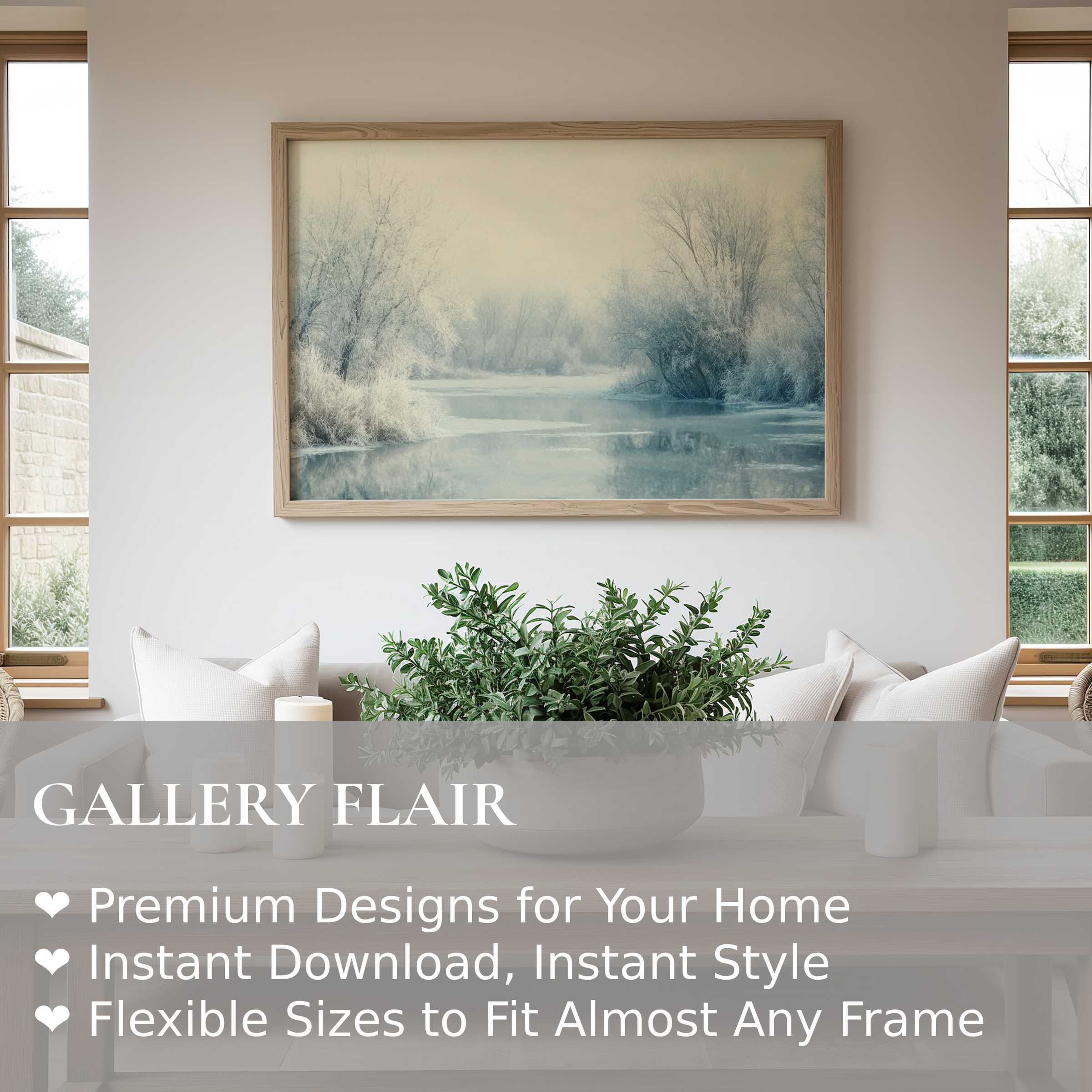 Winter wall art print featuring a serene frosted river landscape with soft blues and grays, enhancing minimalist modern interiors with calming elegance