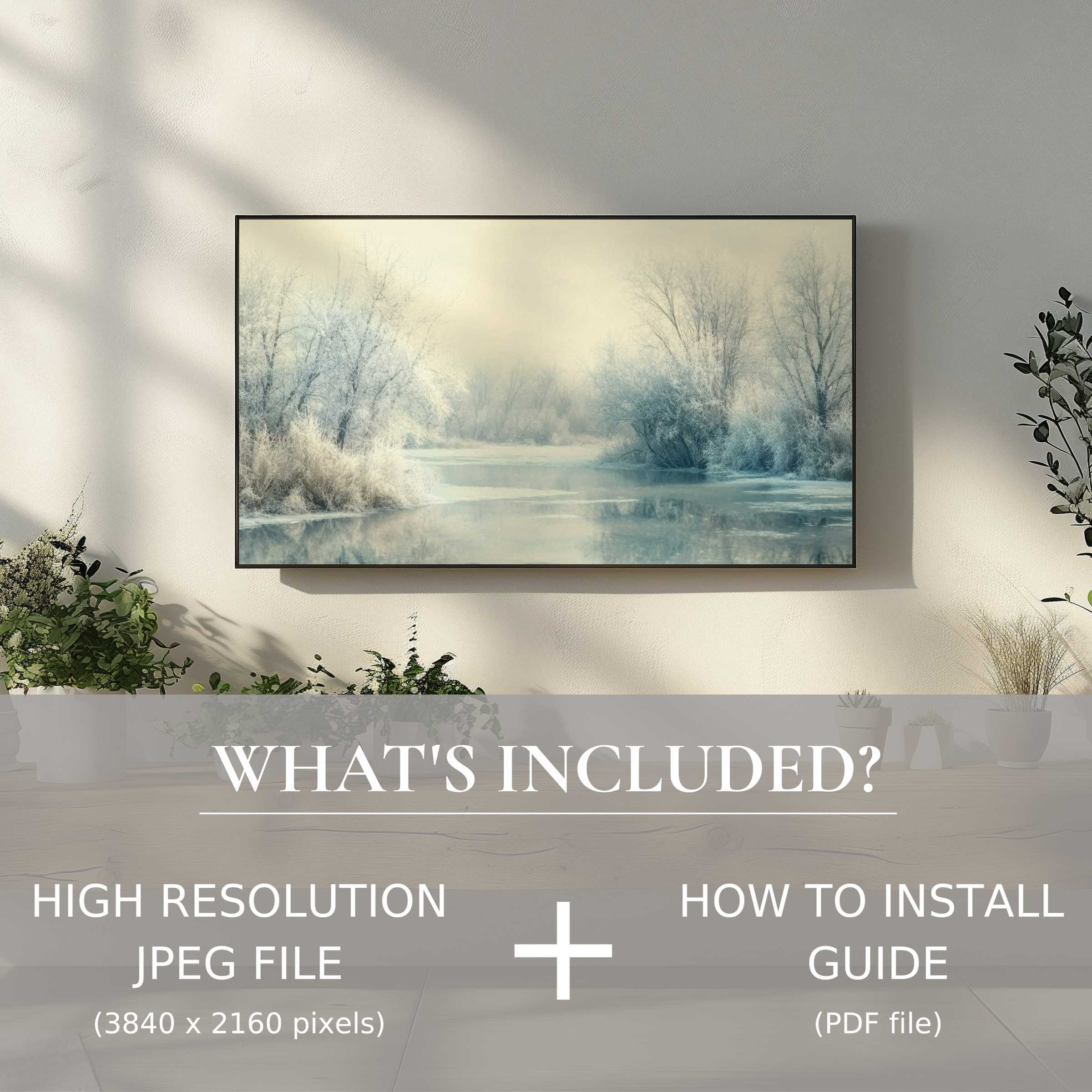 Elegant winter digital TV art download enhances bright living rooms with easy digital use and serene seasonal beauty