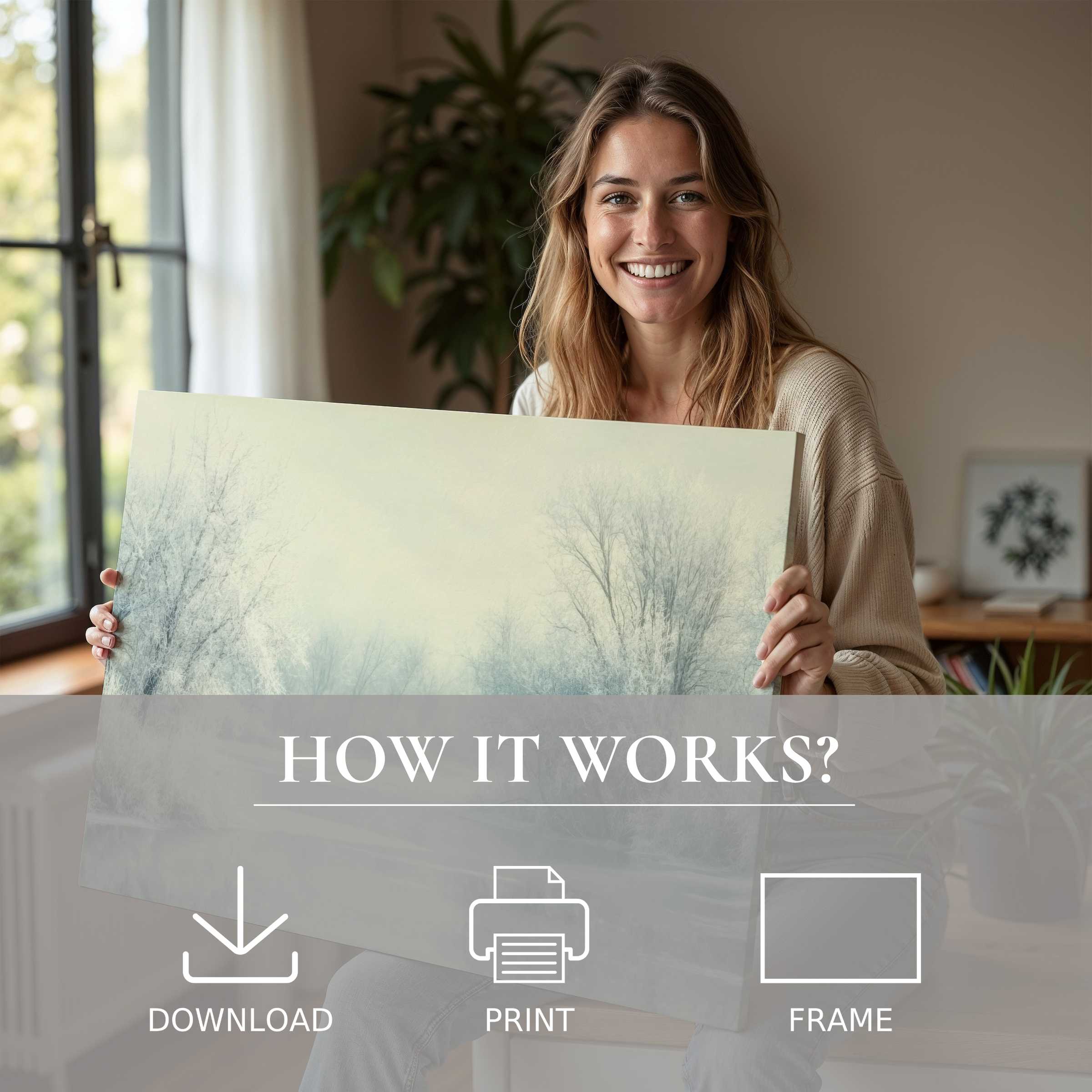 Elegant winter digital art print embraced in a modern home, capturing joy and the ease of living with refined art