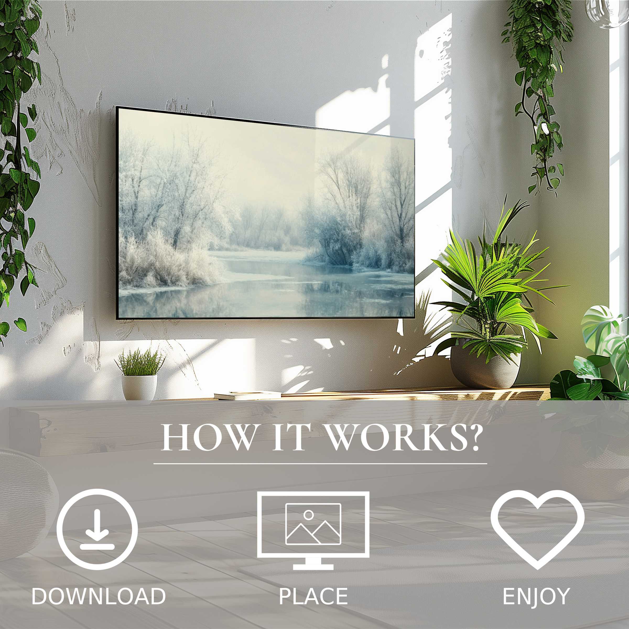 Winter art for Samsung TV with soft frosty tones, easy digital download enriches modern living spaces