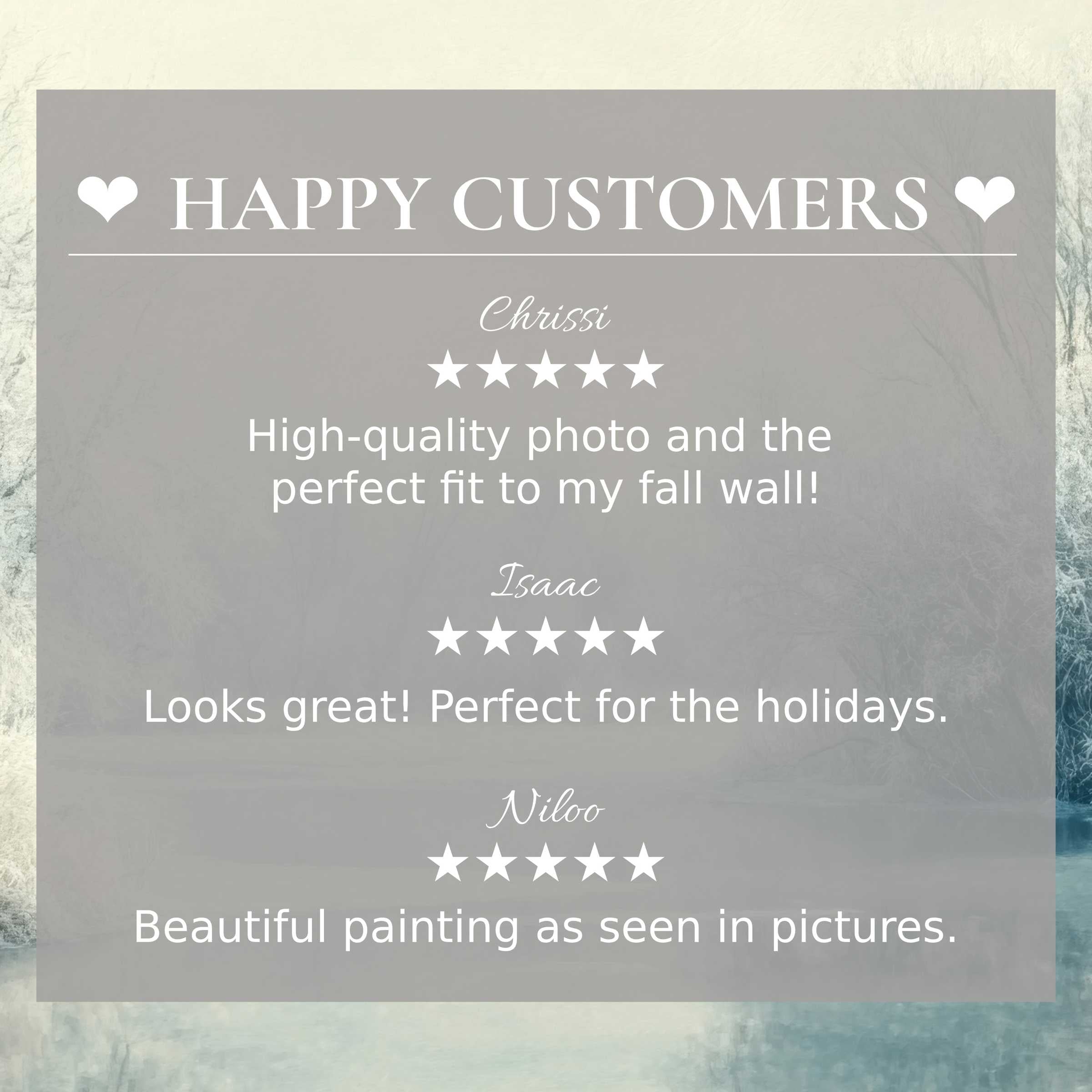 Winter art for Frame TV with serene lake scene backdrop, showcasing happy customer reviews to inspire trust and elegance