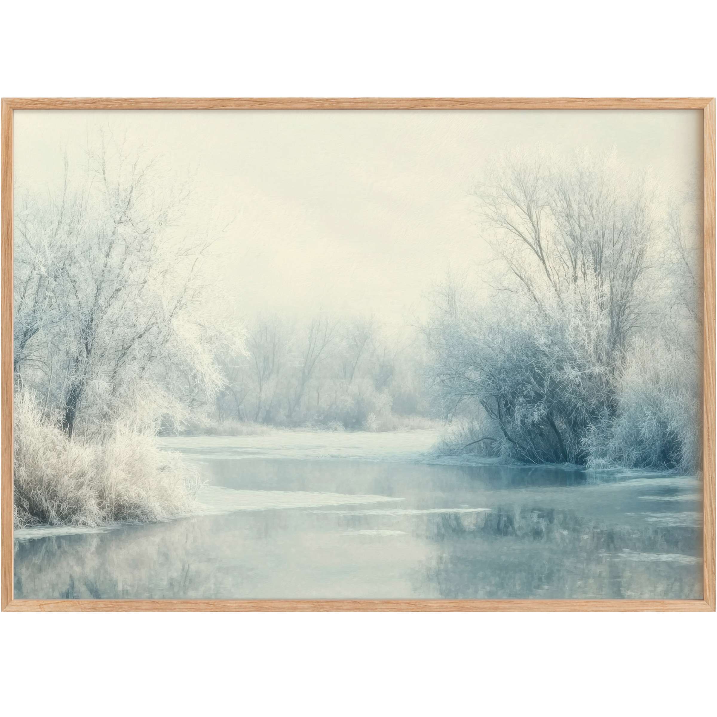 Winter printable wall art capturing a serene frost-kissed landscape in soft blues and creams, evoking calm and quiet elegance