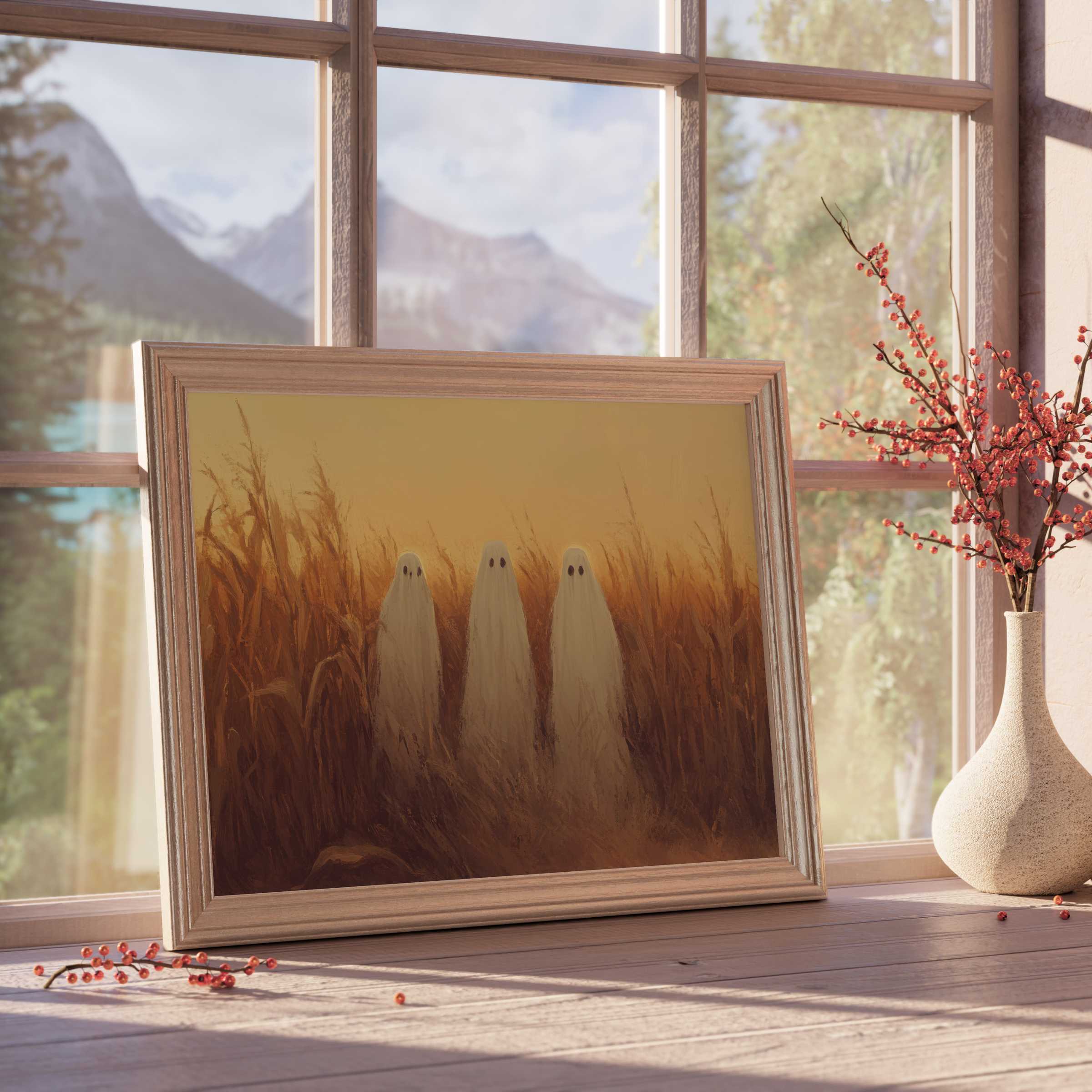 Halloween downloadable art featuring serene ghost figures in golden cornfields, enhancing elegant, warm-toned design-forward interiors