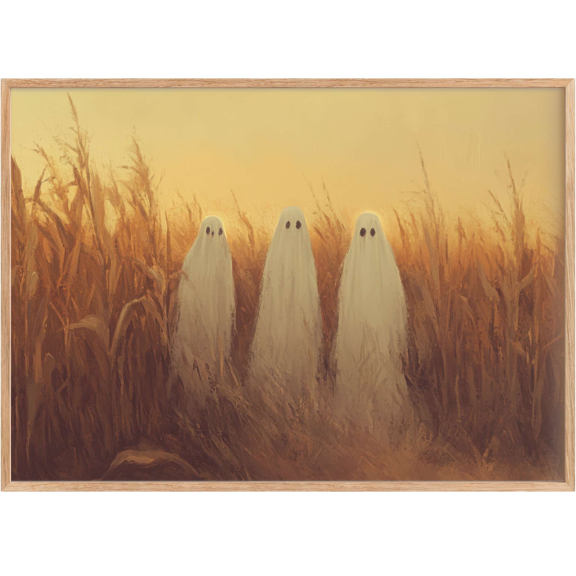 Elegant halloween printable wall art featuring ethereal ghosts in amber-lit cornfields, evoking a warm, mysterious autumnal glow