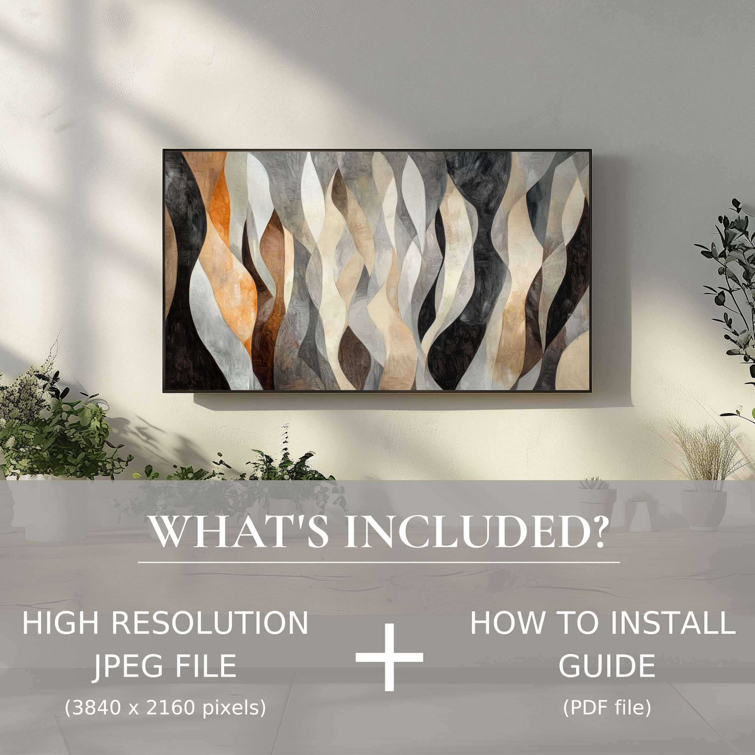 Elegant living room with modern digital TV art download, easy to use and instantly elevates your space
