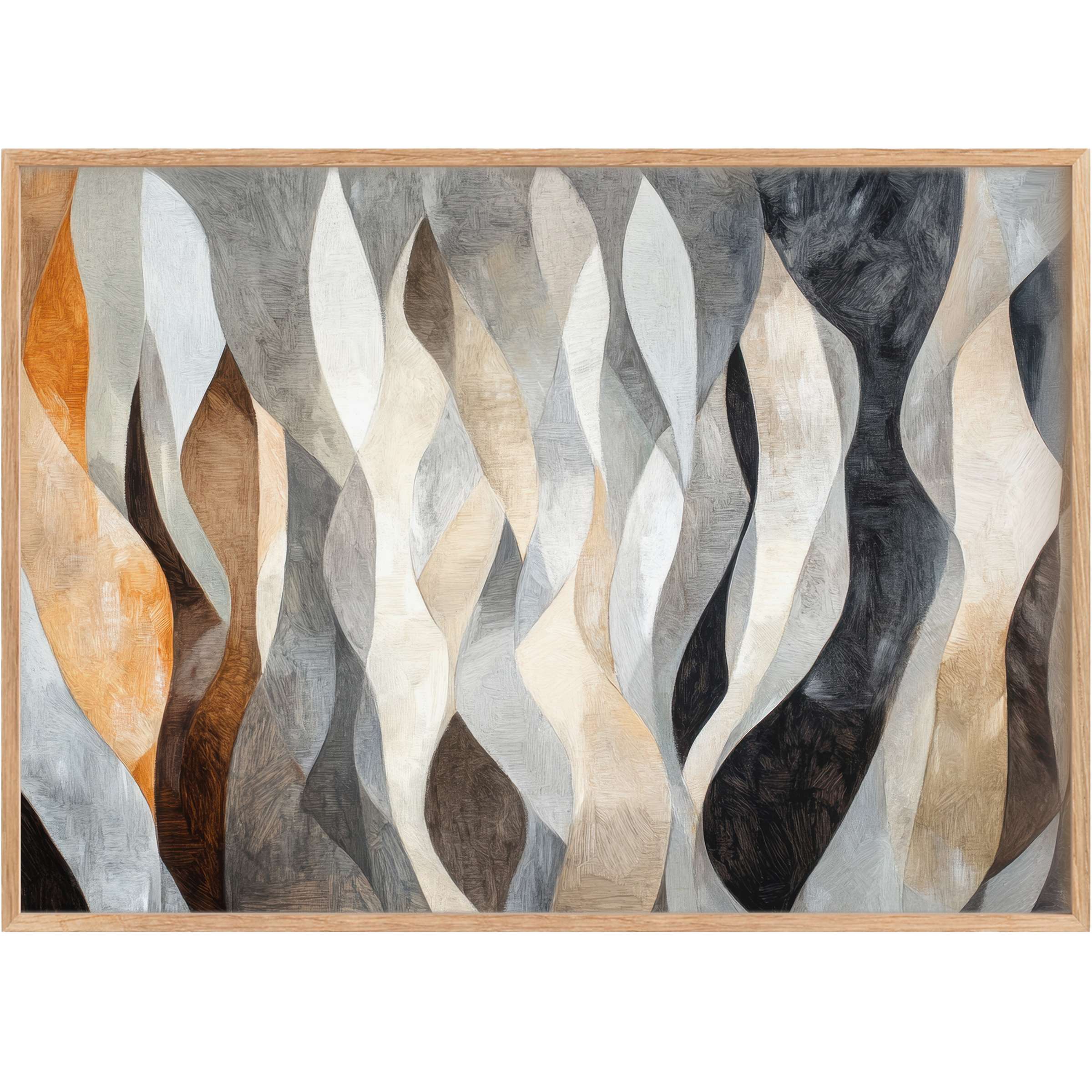 Modern printable wall art featuring flowing, organic shapes in warm neutrals and grays, creating a serene, sophisticated ambiance
