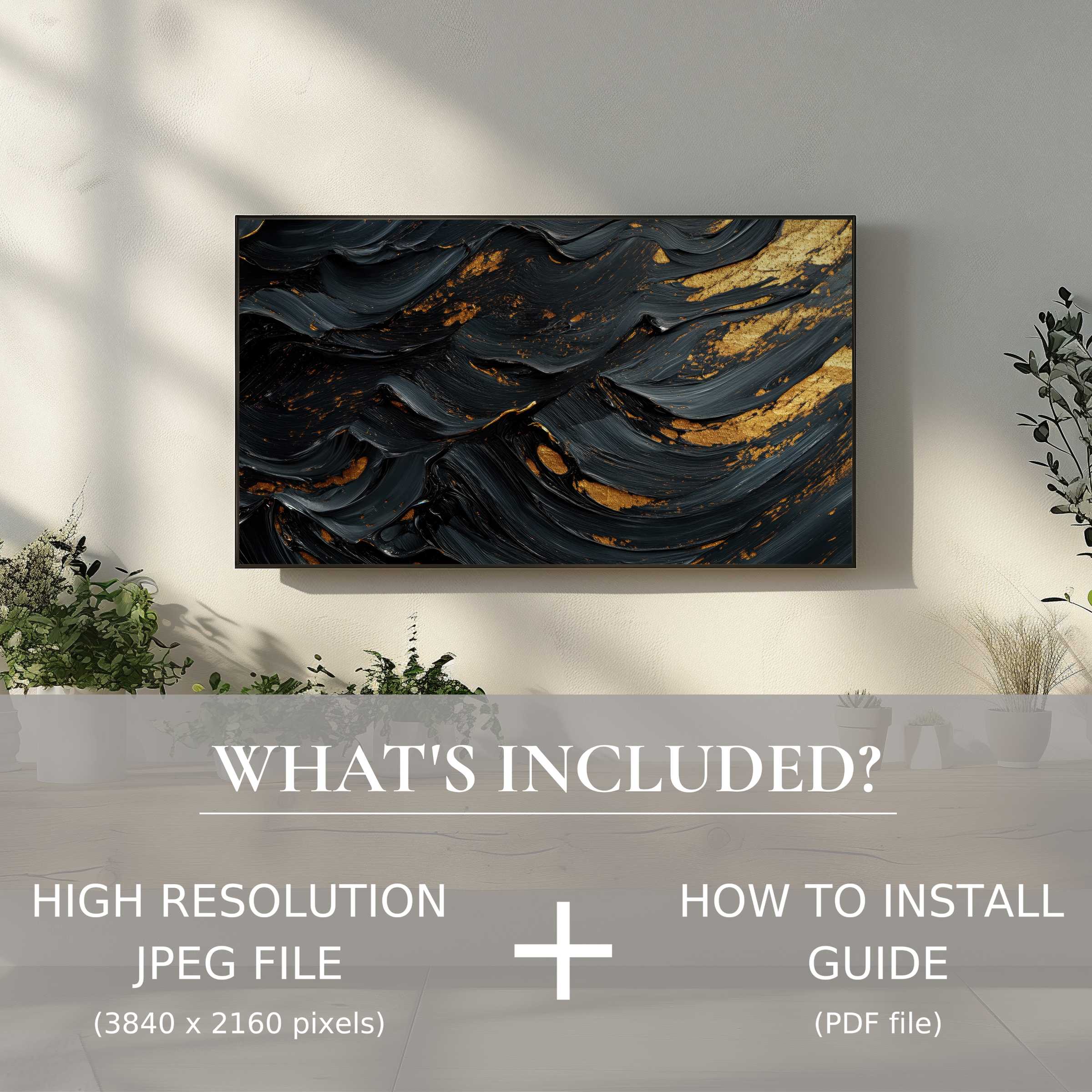 Elegant living room with abstract digital TV art download, easy digital use, enriching space with modern flair