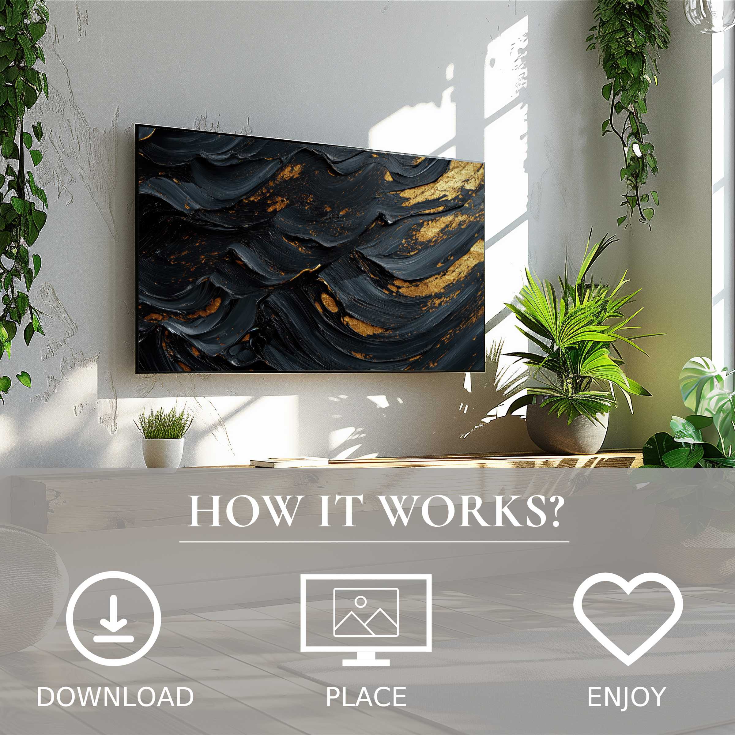 Abstract art for Samsung TV with dark waves and gold accents, simple digital download enhances modern living spaces