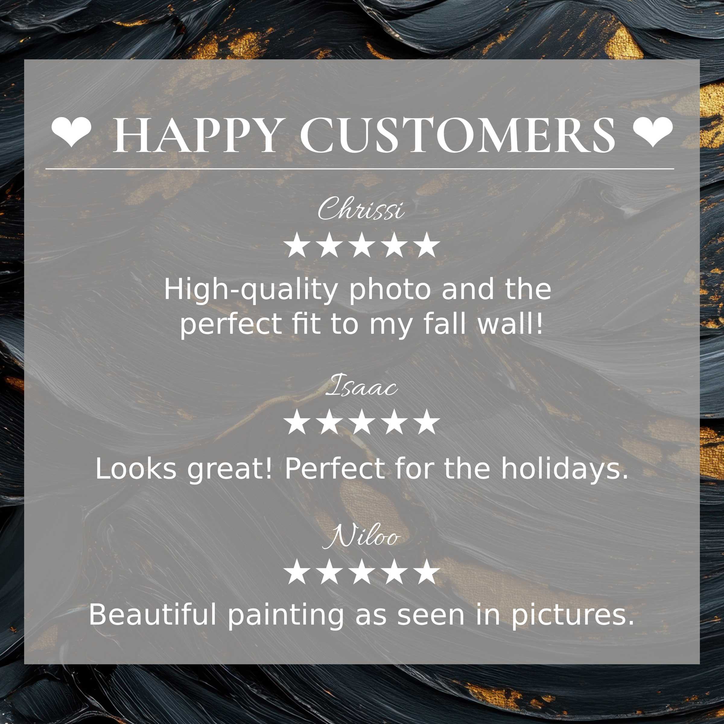 Abstract art for Frame TV with elegant dark gold strokes; layout showcases happy customer reviews, building trust and style appeal