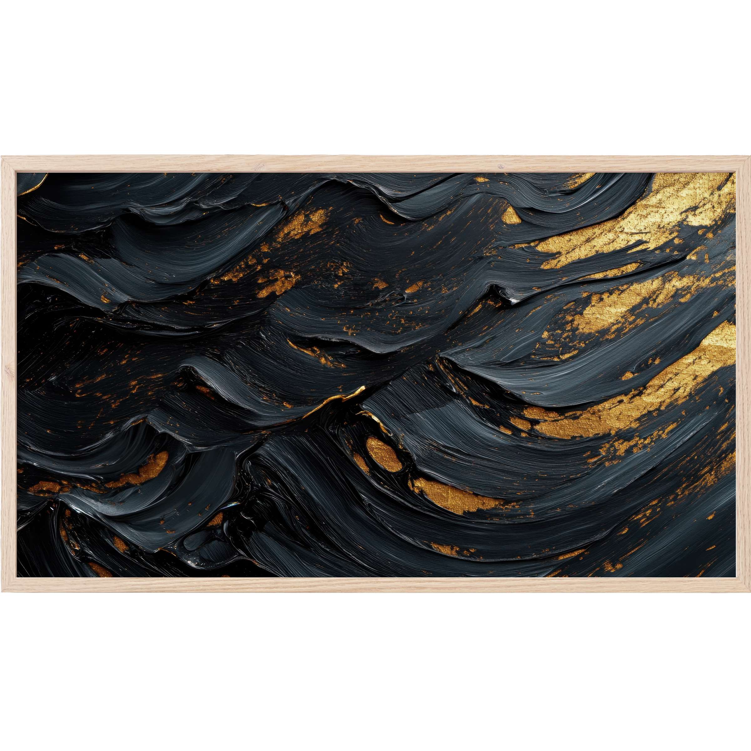 Abstract Frame TV Art featuring bold black brushstrokes and luxurious gold accents in a sleek, modern style