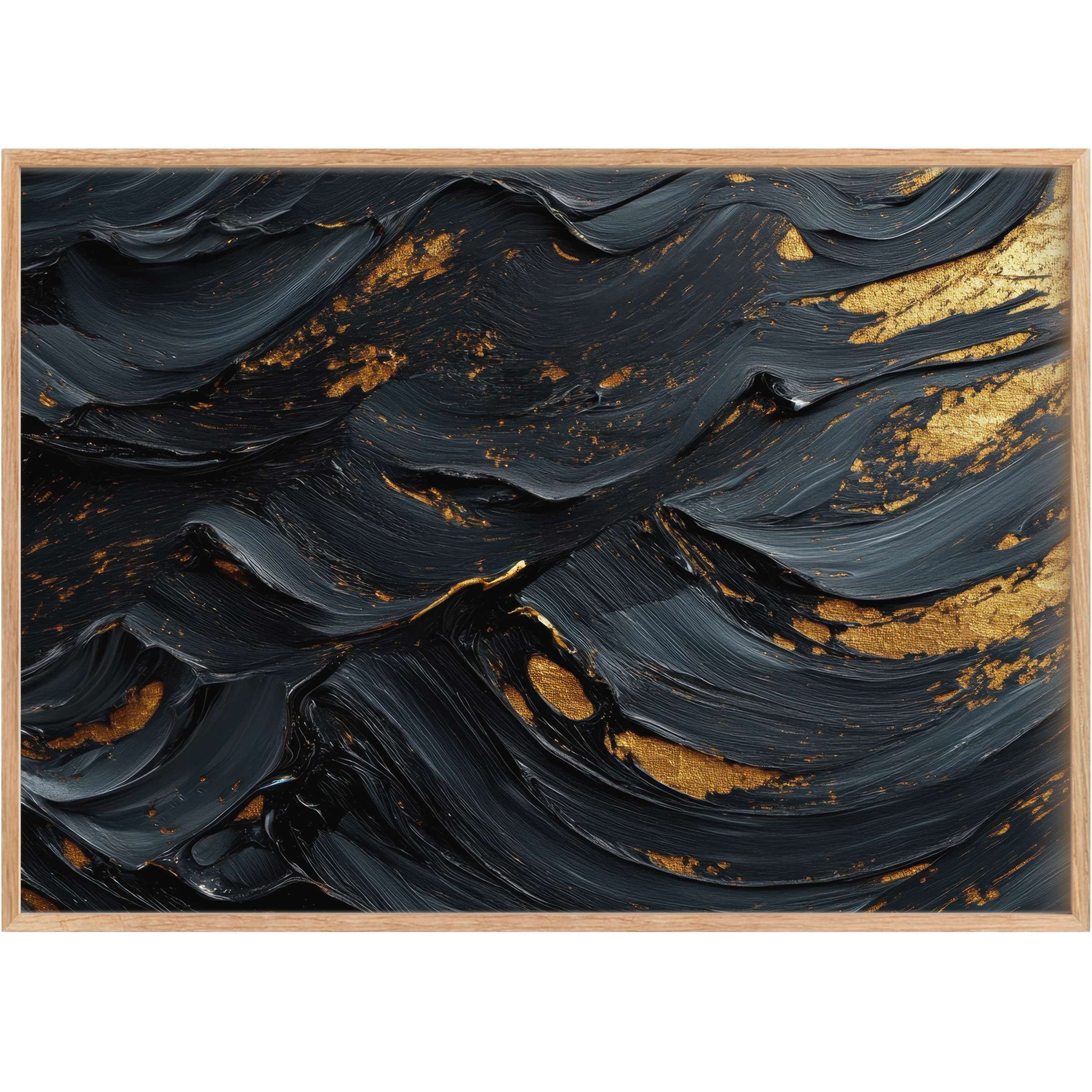 Luxurious abstract printable wall art in deep charcoal waves with shimmering gold accents, evoking a bold and sophisticated ambiance