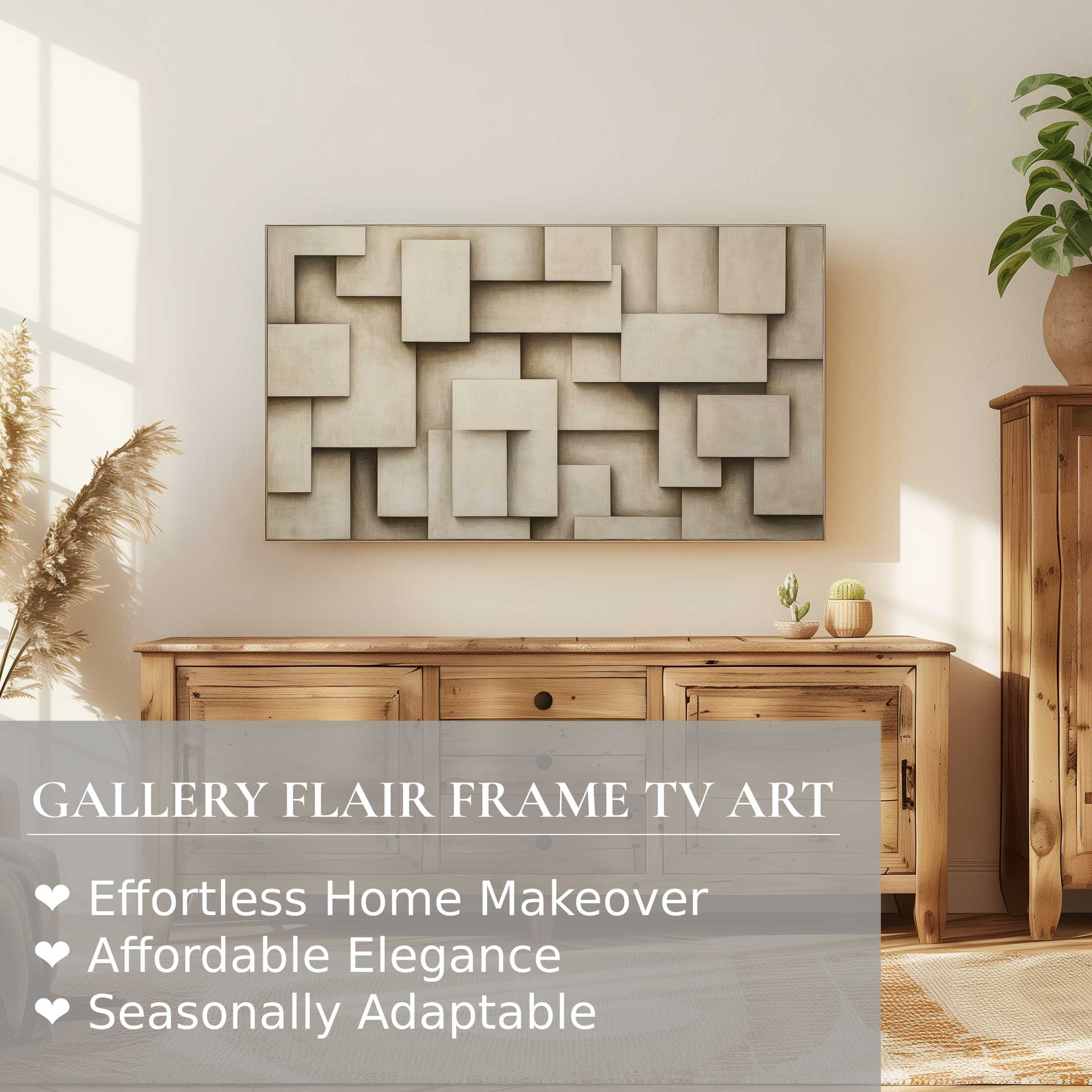 Samsung Frame TV with neutral digital artwork in a softly lit, elegant modern living space for refined home decor