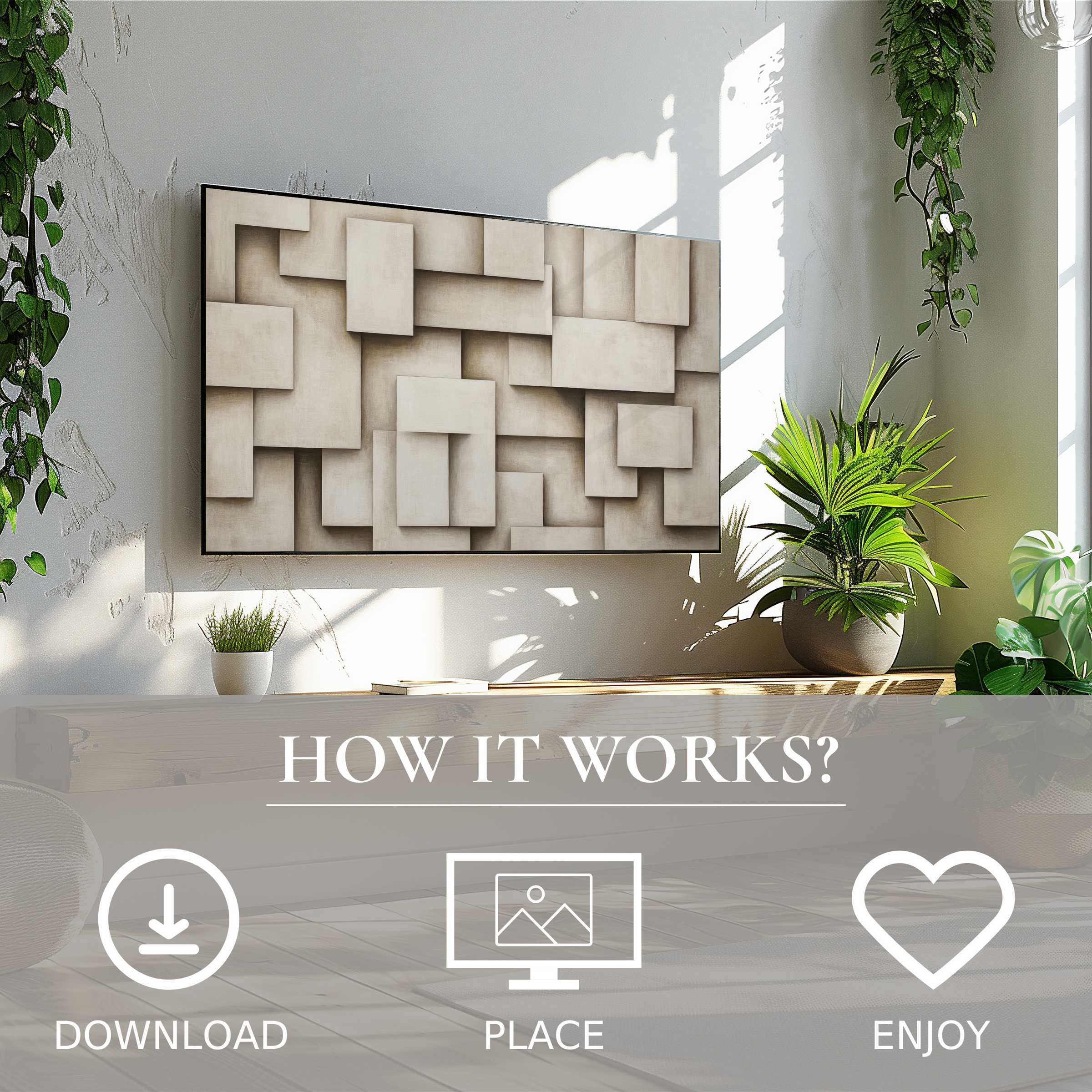 Neutral art for Samsung TV showing beige layered rectangles, simple digital download enriches modern living spaces