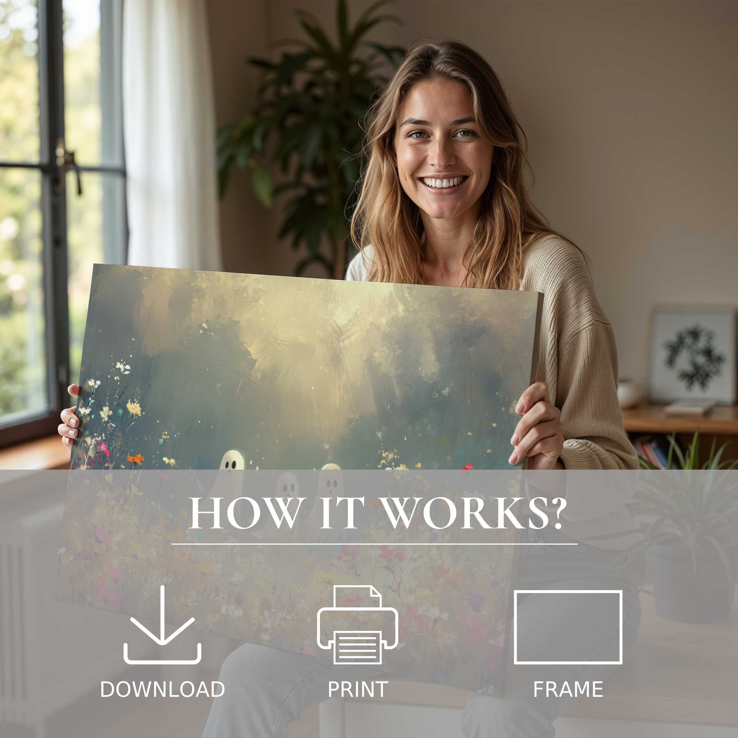 A serene moment of joy in a modern home, where a softly hued Halloween digital art print invites warmth and connection