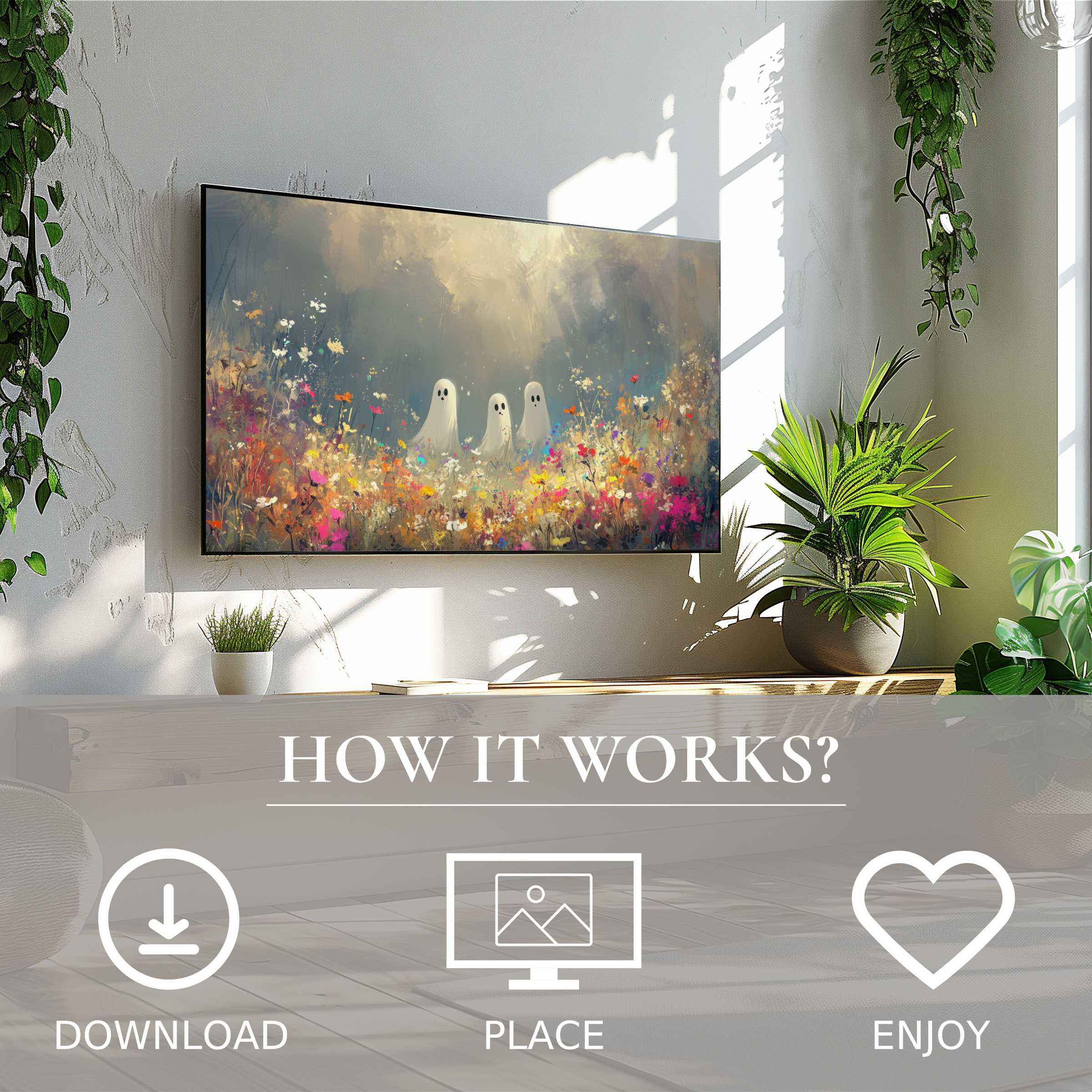 Halloween art for Samsung TV: easy digital download showing playful ghosts in soft sunset tones that elevate your space