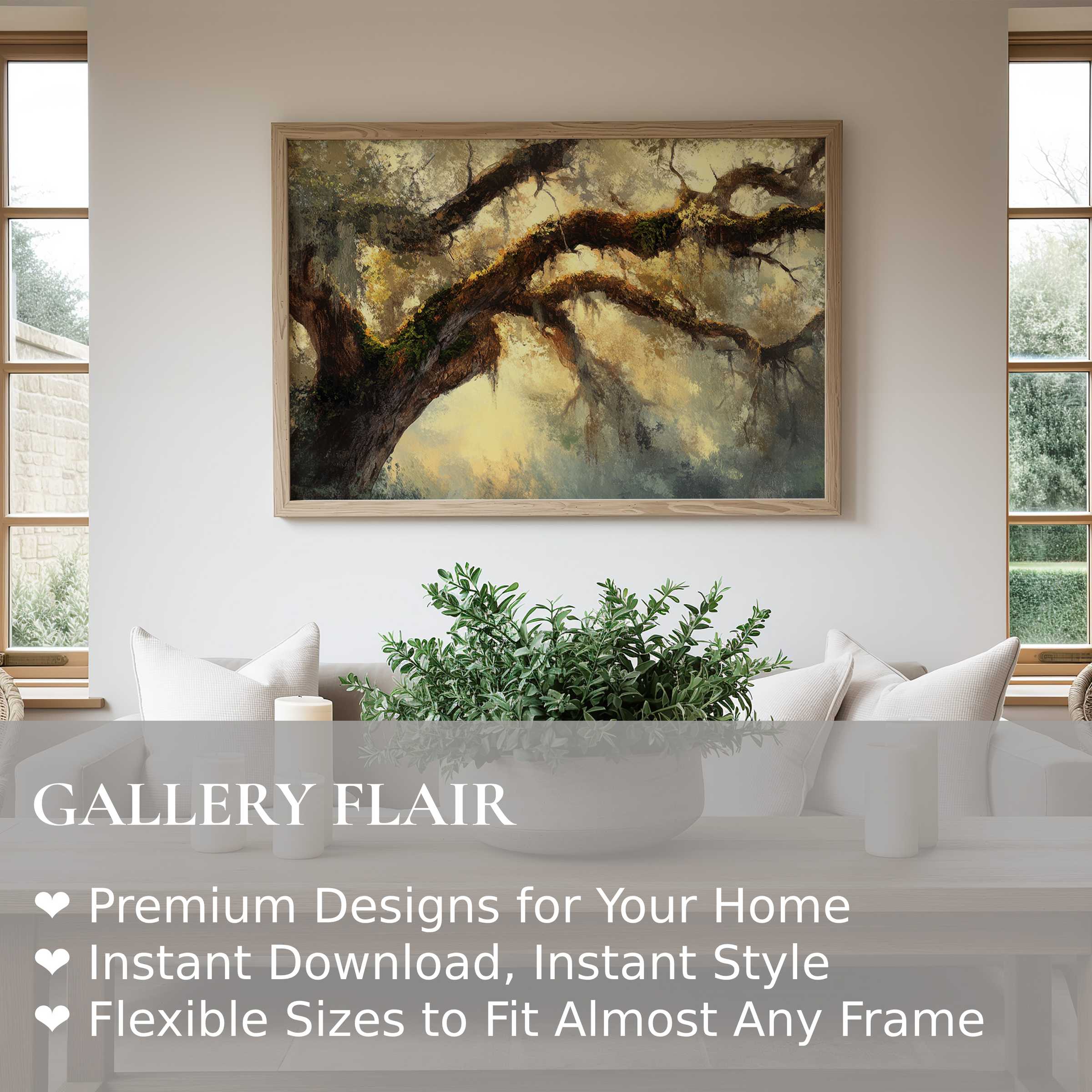 Majestic tree wall art print with radiant golden hues and textured branches, enriching modern minimalist living spaces with natural elegance