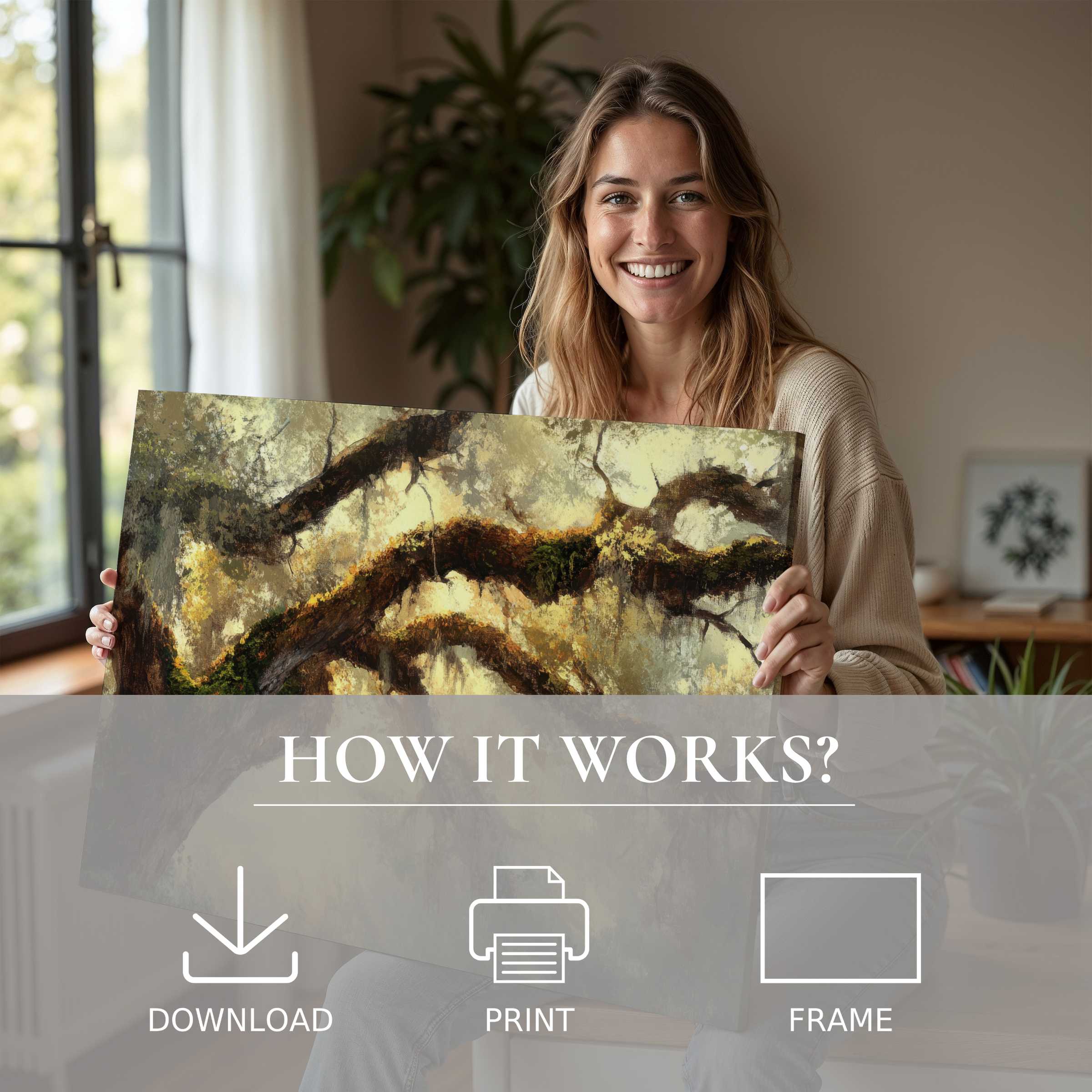 Joy radiates in a serene moment as a woman reveals a richly textured tree digital art print, embodying nature’s warmth and effortless style