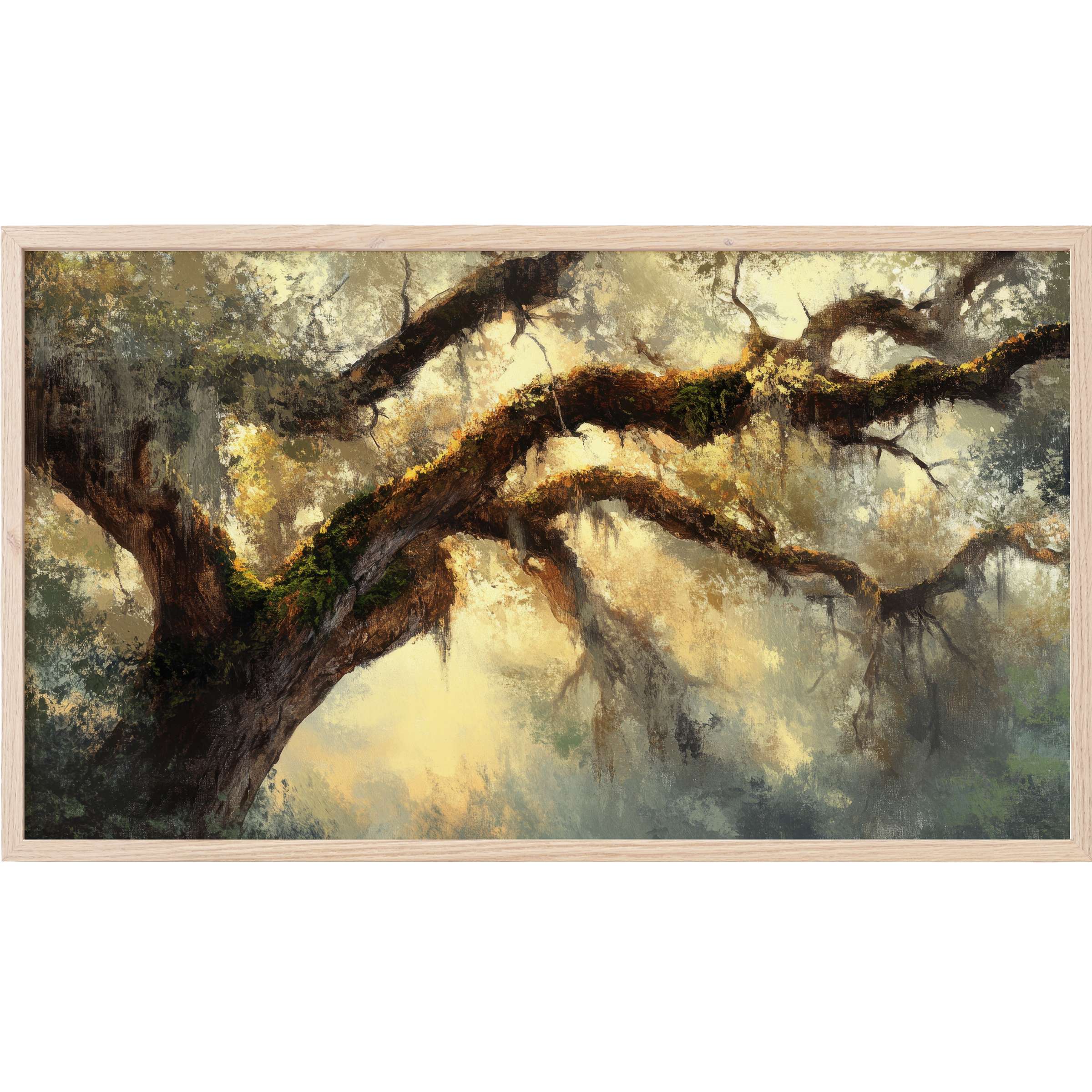 Misty forest hues and textured branches create timeless elegance in this tree Frame TV Art for modern interiors