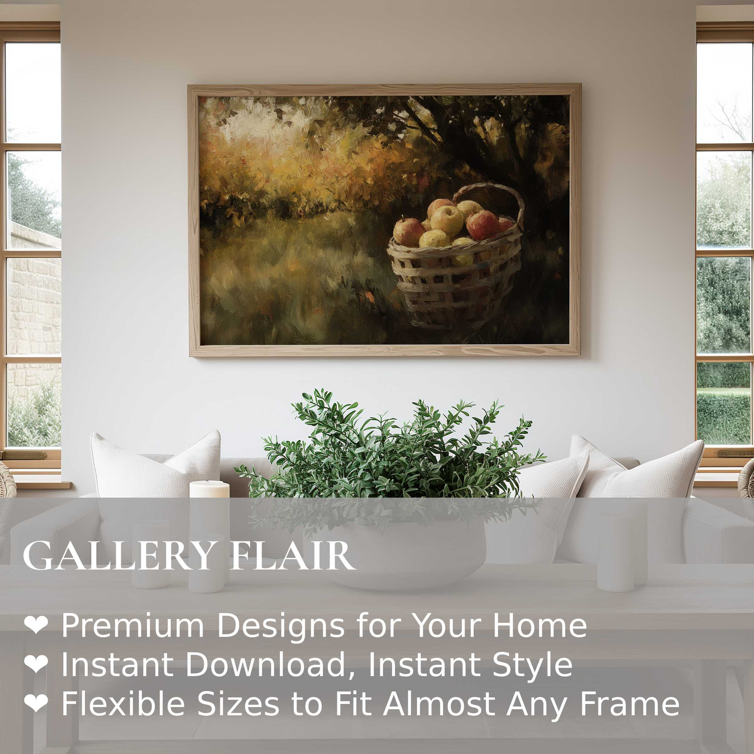 Fall wall art print showcasing a radiant orchard scene with a basket of apples, enriching modern farmhouse interiors with warm, inviting autumn charm