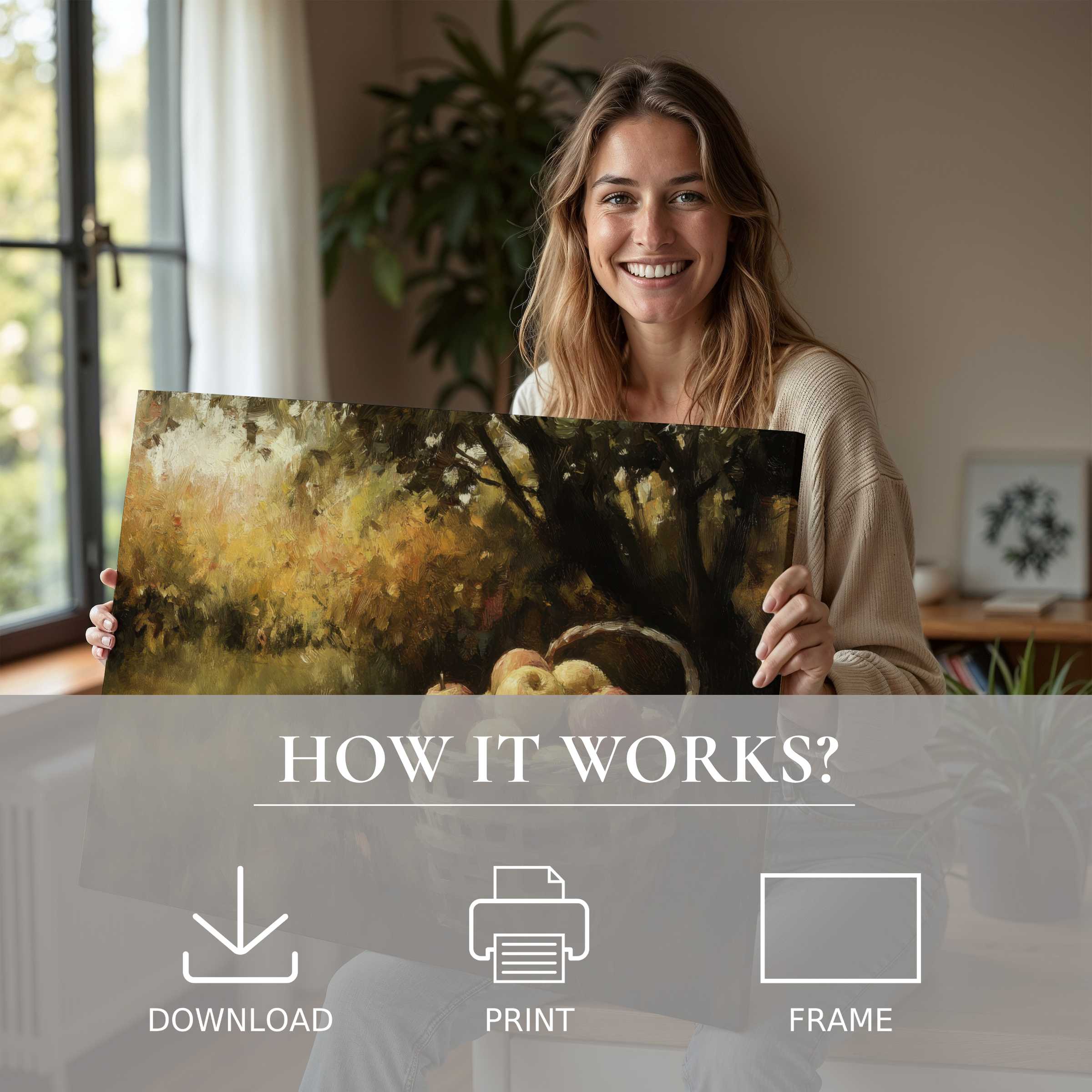 Radiant fall digital art print embraced in a modern home, evoking warmth and effortless joy through inspired living with art