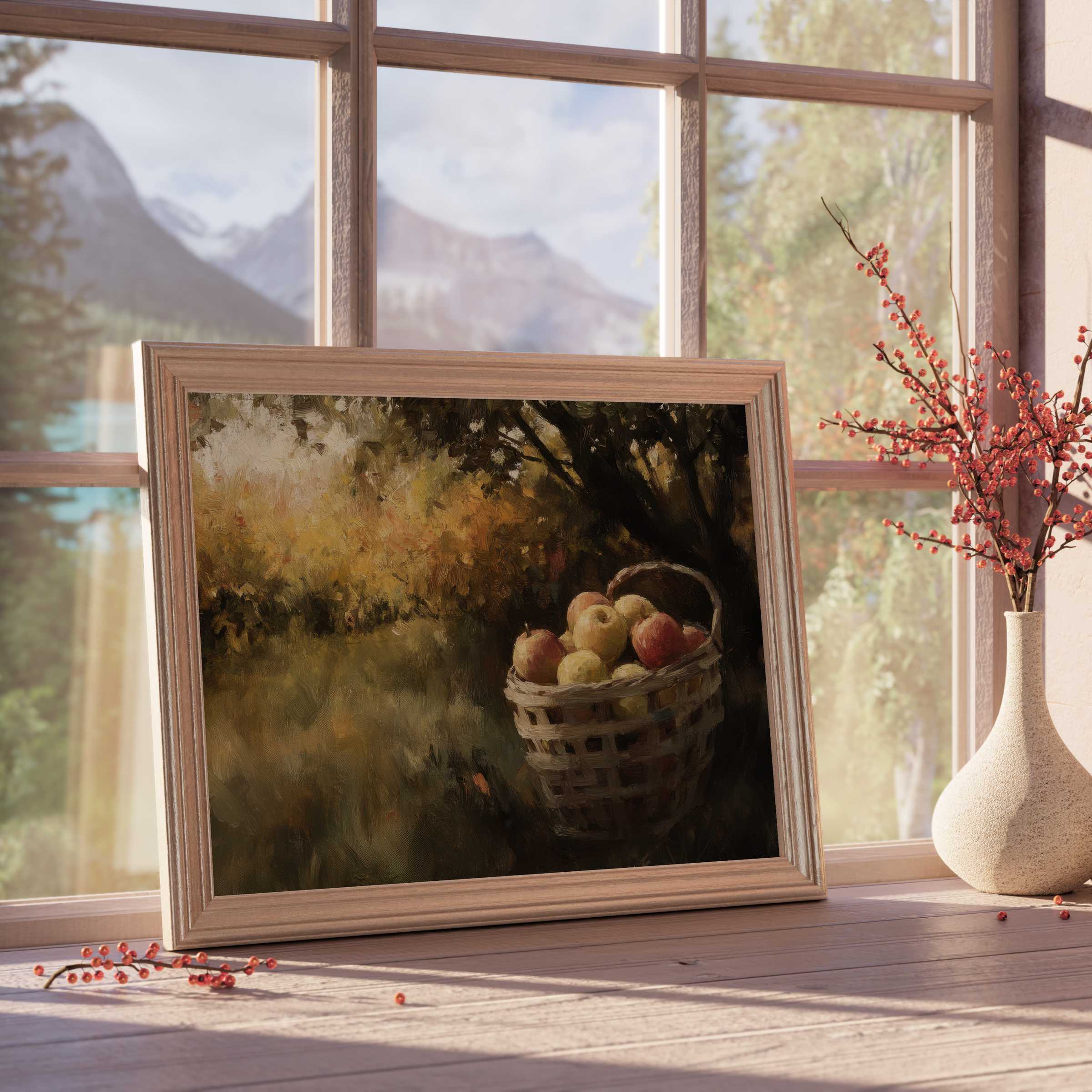 Fall downloadable art capturing a rustic apple basket in golden light, enhancing serene, curated interiors with timeless autumn warmth