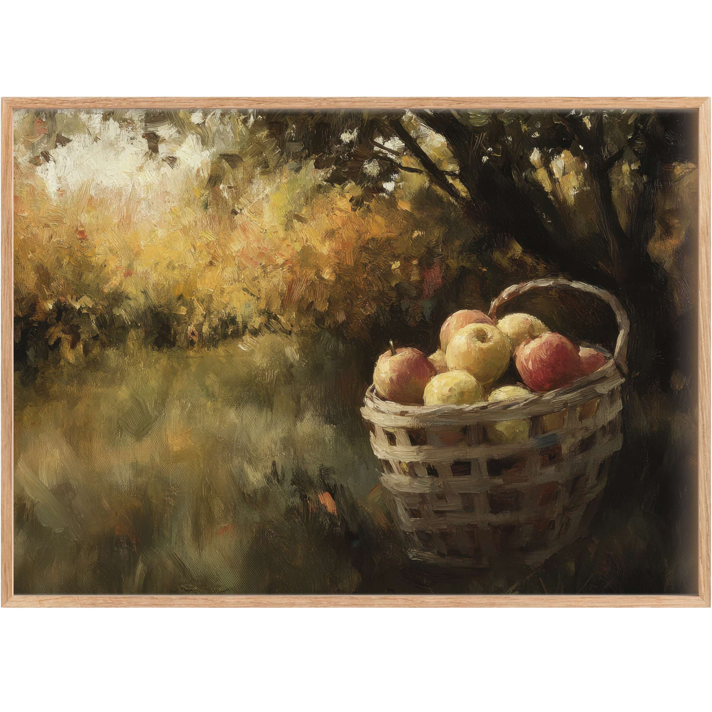 Rustic basket of ripe apples set against warm amber and deep green foliage, evoking cozy fall printable wall art serenity