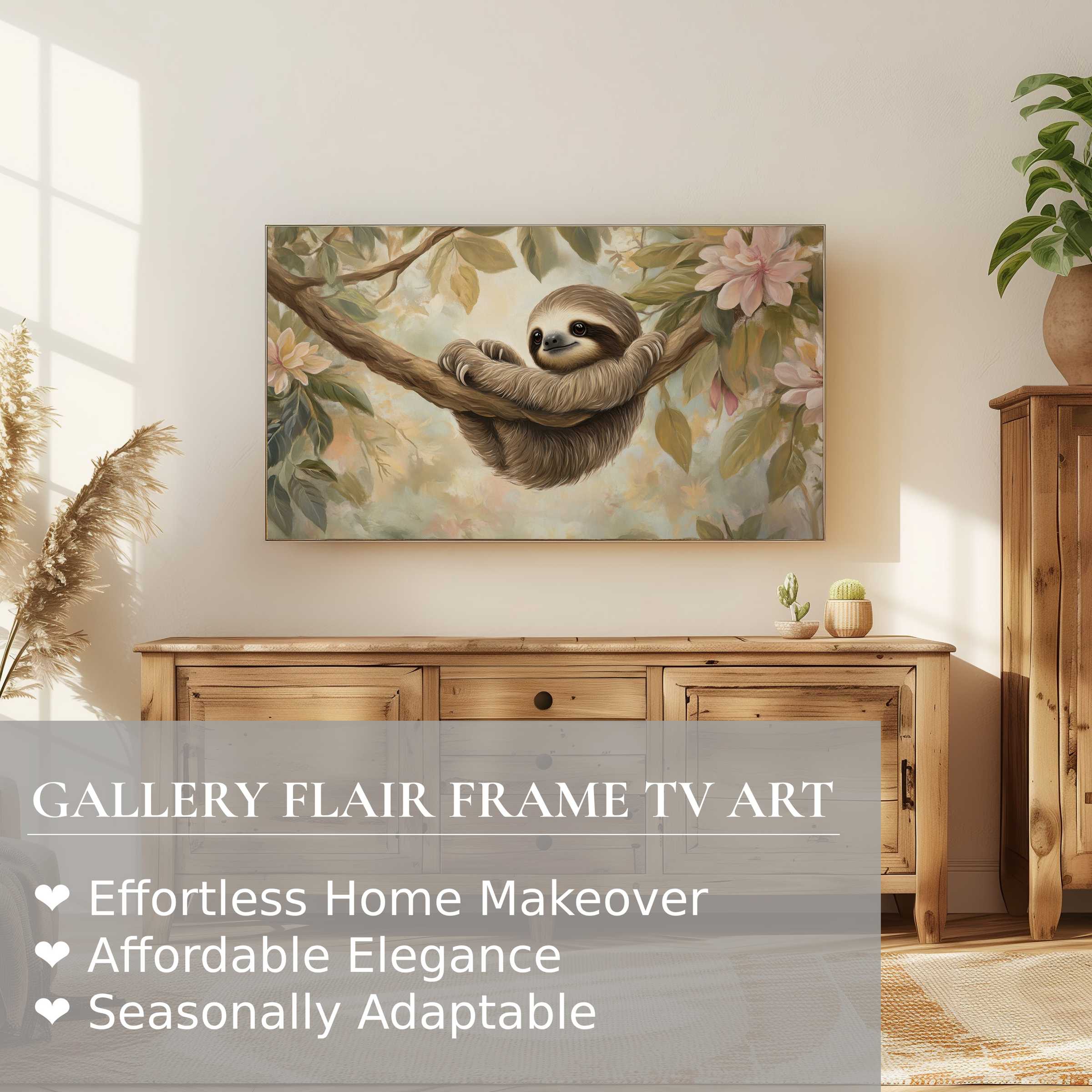 Modern nursery digital artwork of a sloth on Samsung Frame TV in a warm, elegant natural wood setting