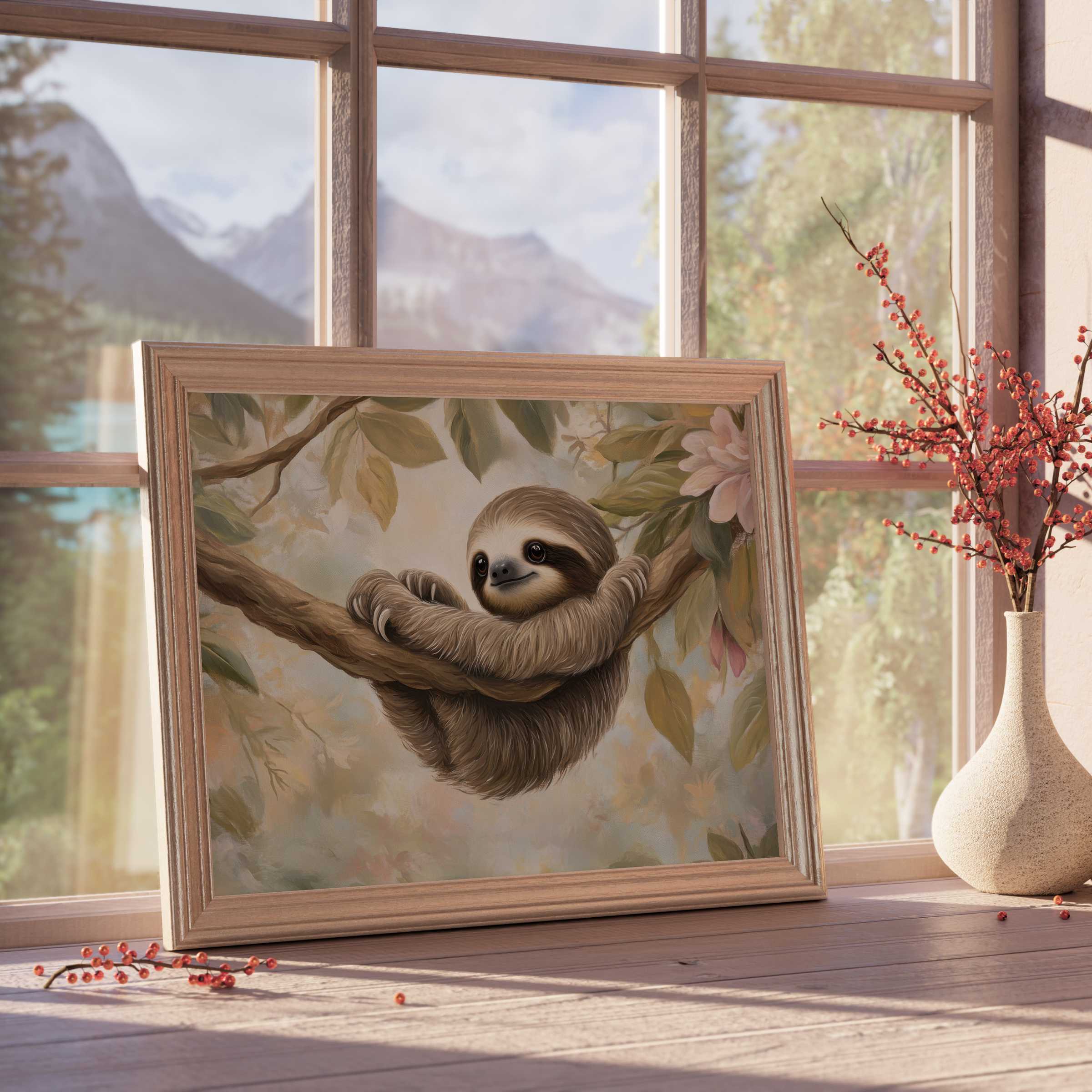 Nursery downloadable art featuring a serene sloth in soft earth tones, elevating tranquil, curated kids' rooms with charm