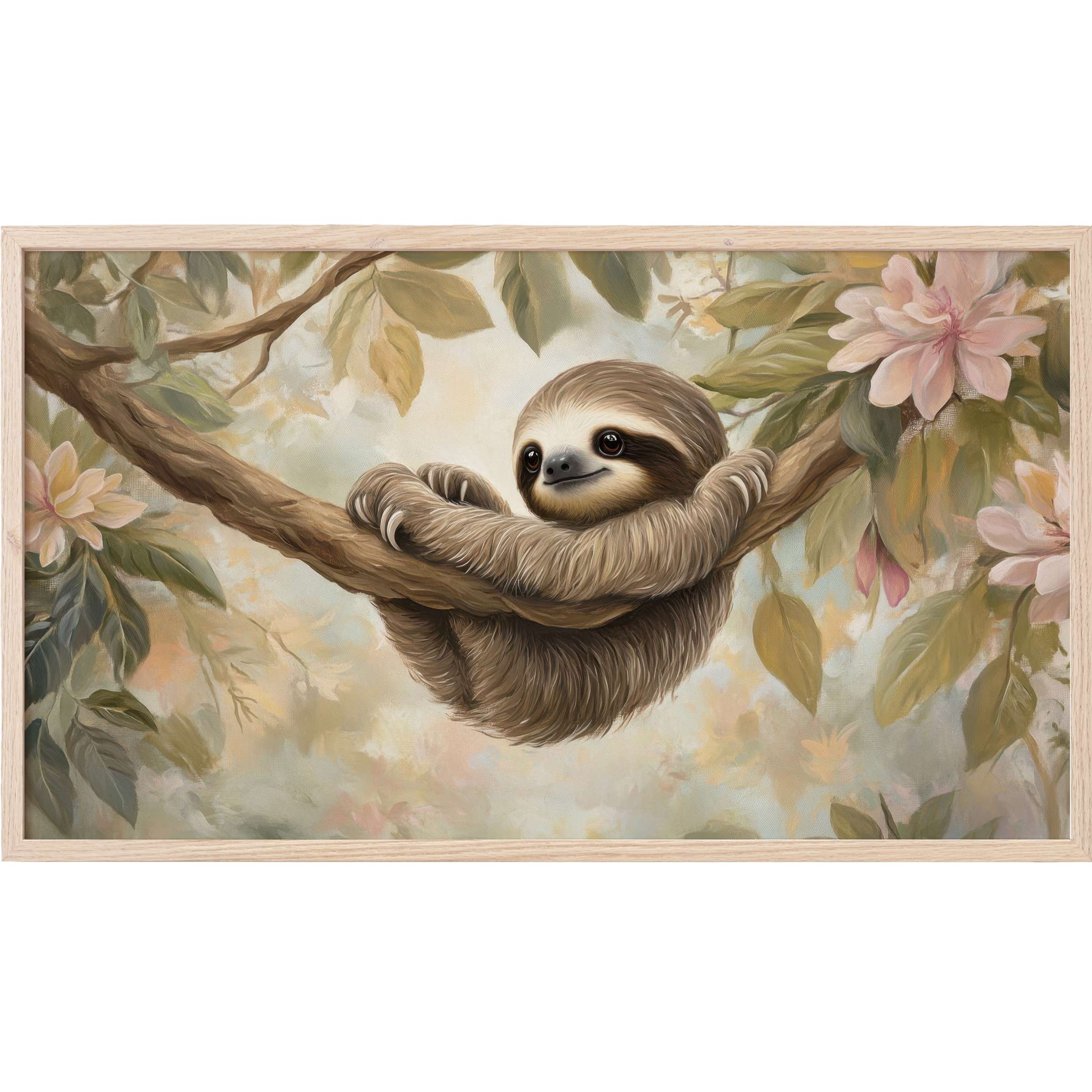 Charming sloth on a branch amid soft greens and blush blooms, a serene nursery Frame TV Art masterpiece