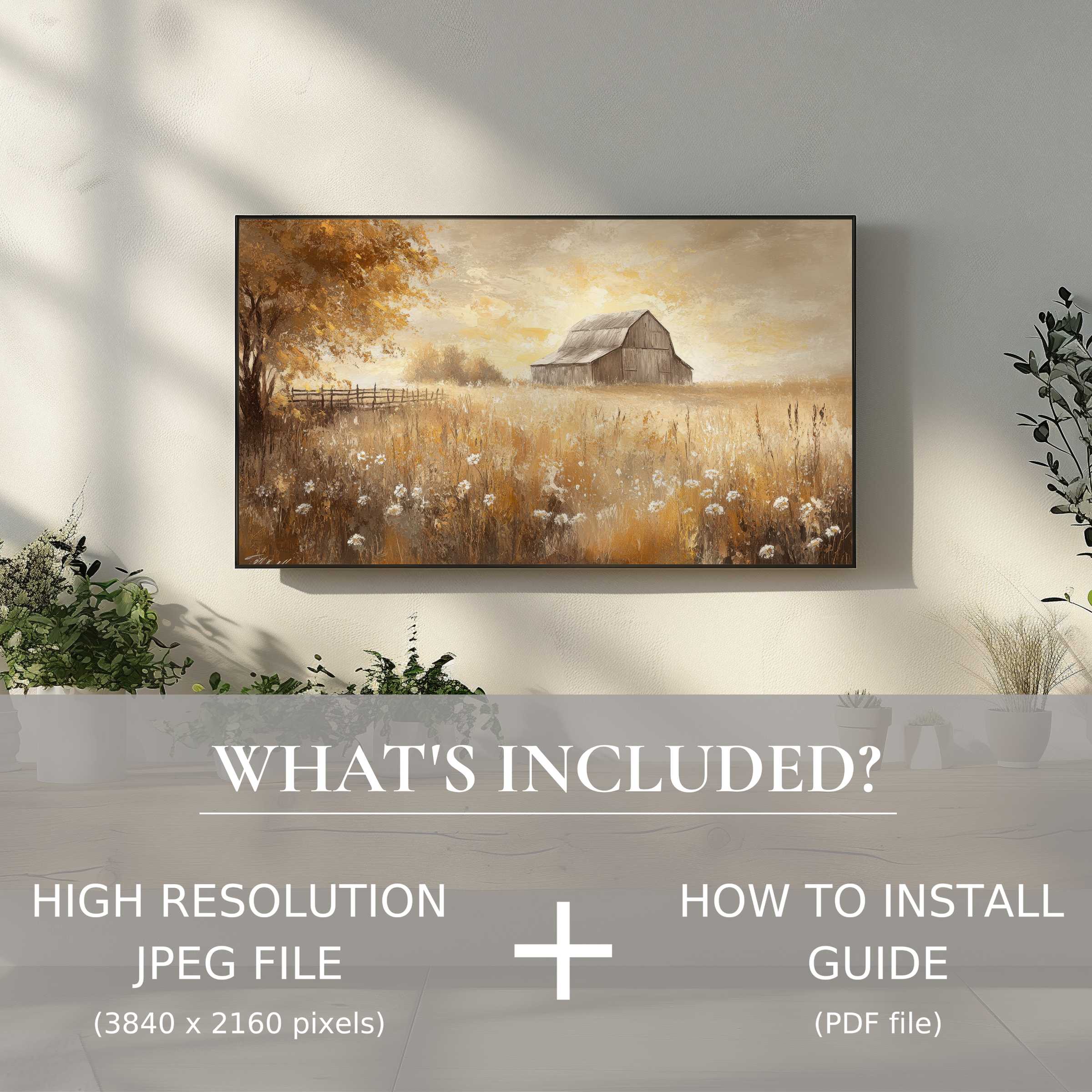 Elegant farmhouse digital TV art download enhances living rooms with easy digital use and warm rustic charm