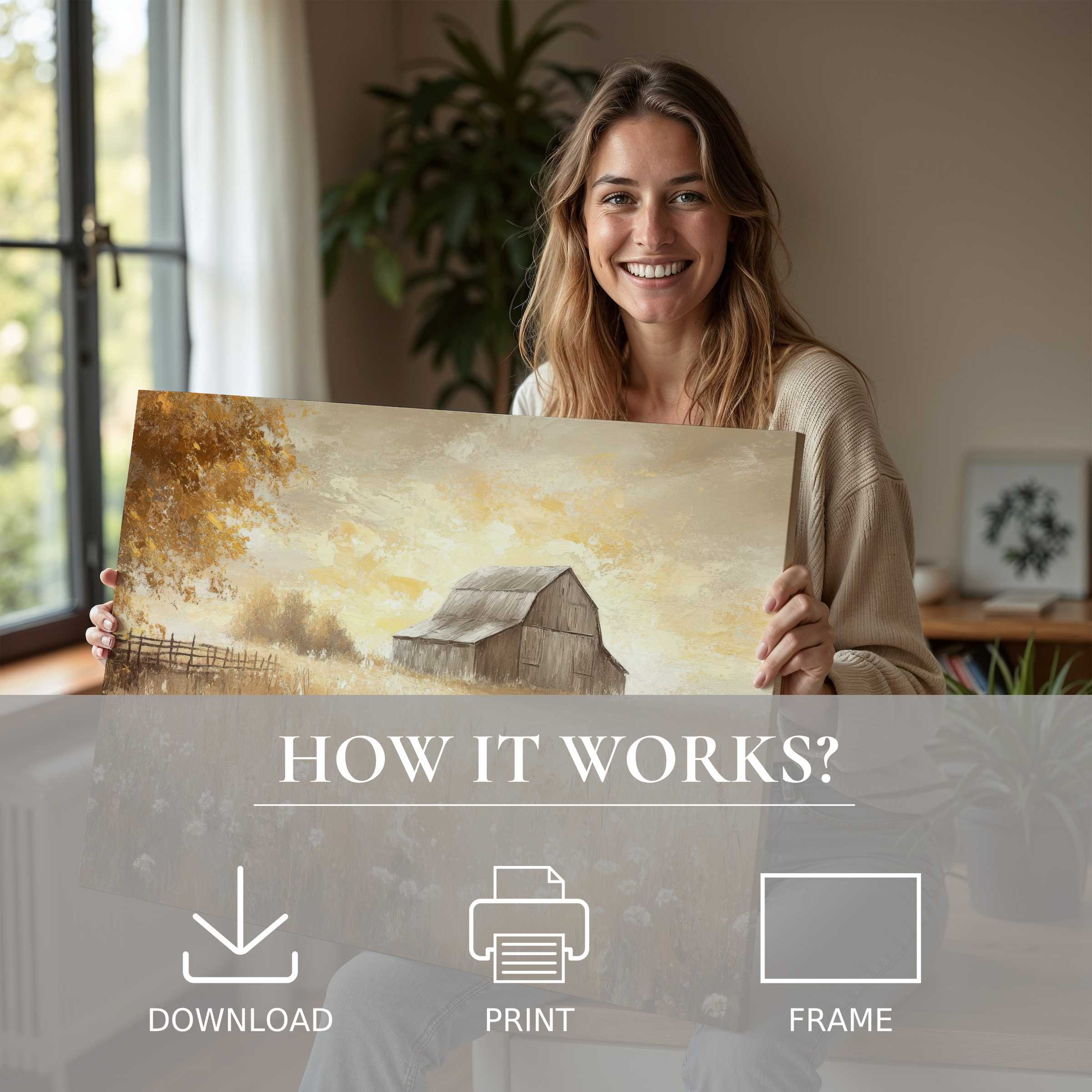 A farmhouse digital art print bringing warmth and timeless calm, embraced in a stylish home setting