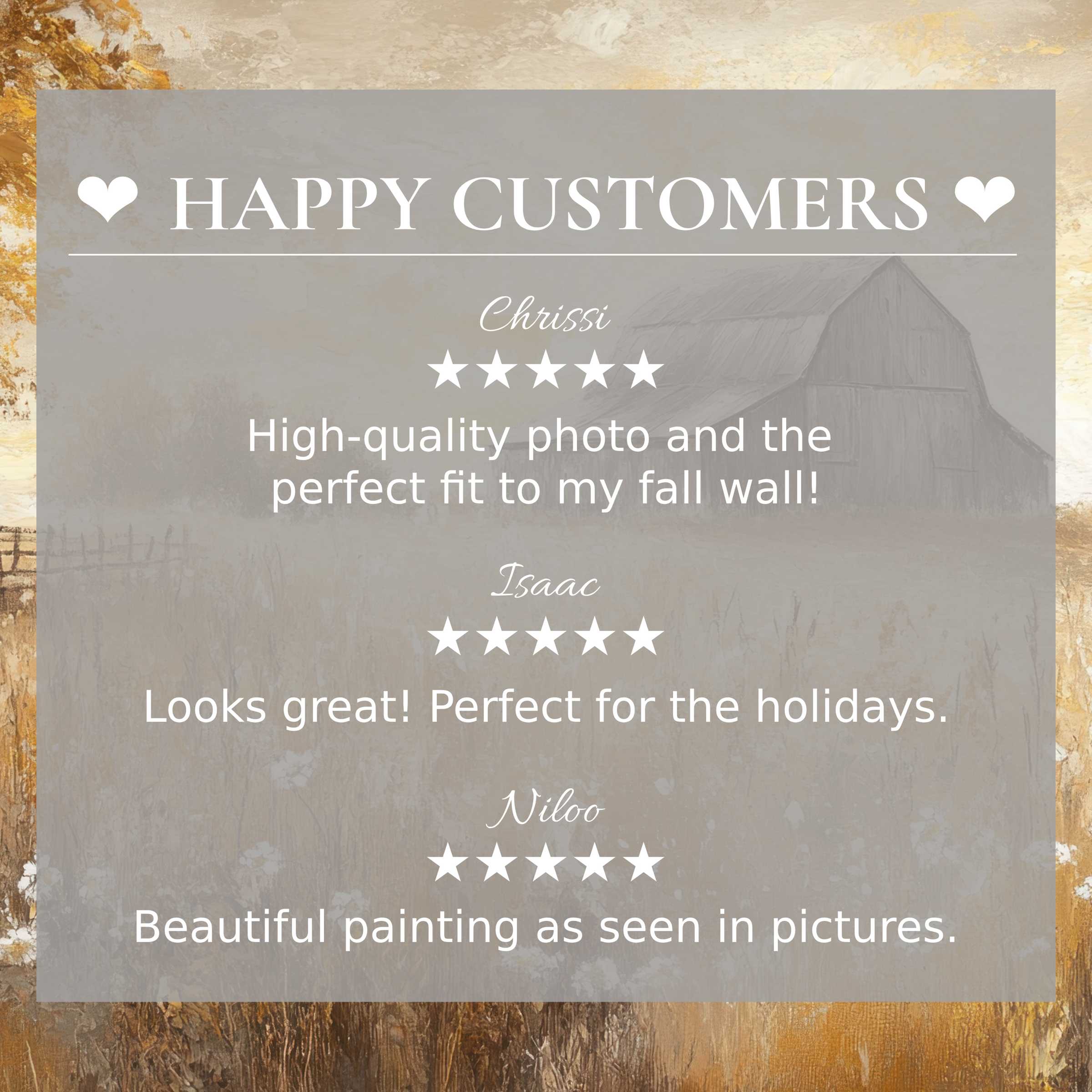 Farmhouse art for Frame TV with muted sunset hues, happy customer reviews building trust and elegant appeal