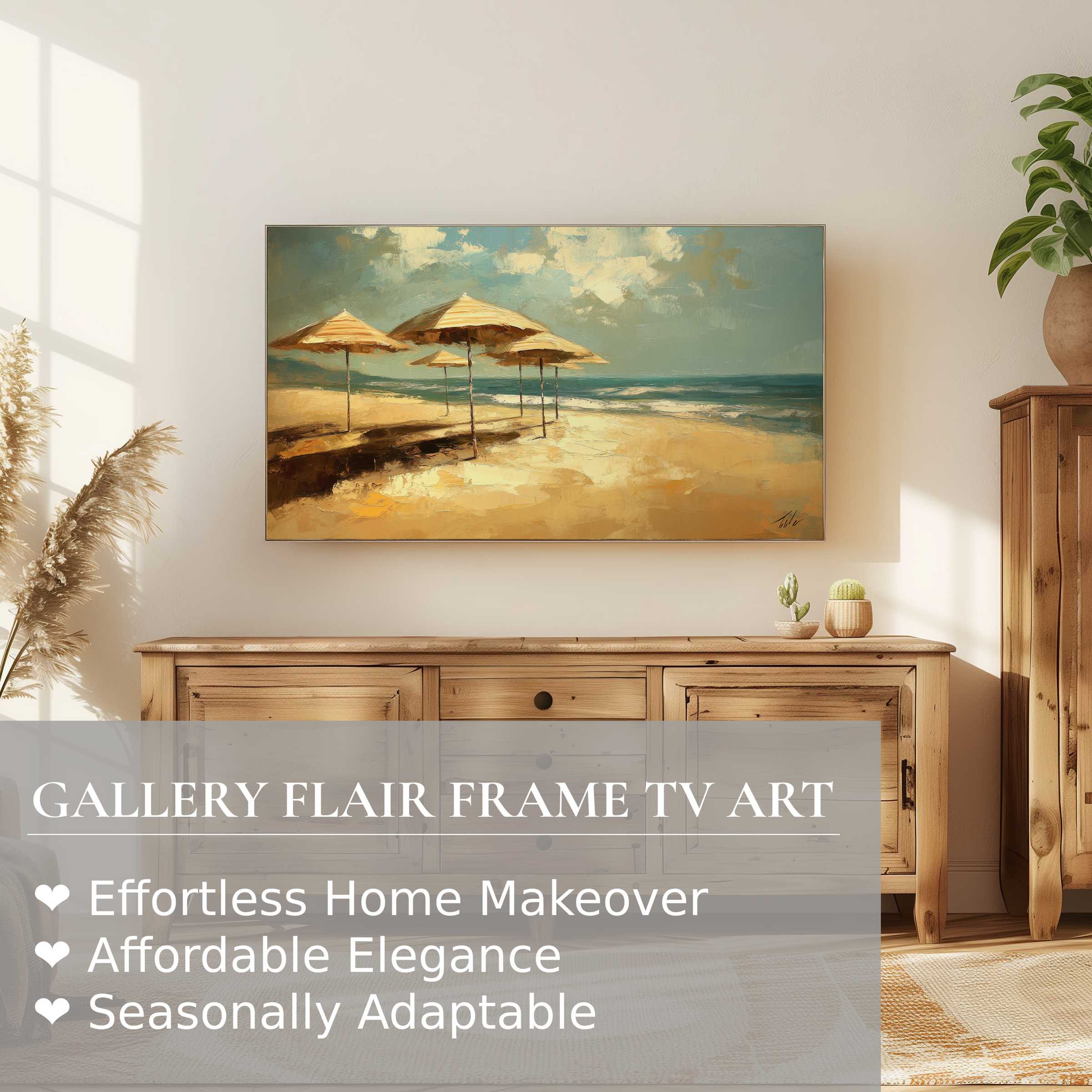 Samsung Frame TV displayed with warm, textured beach digital artwork enhancing modern, minimalist home decor
