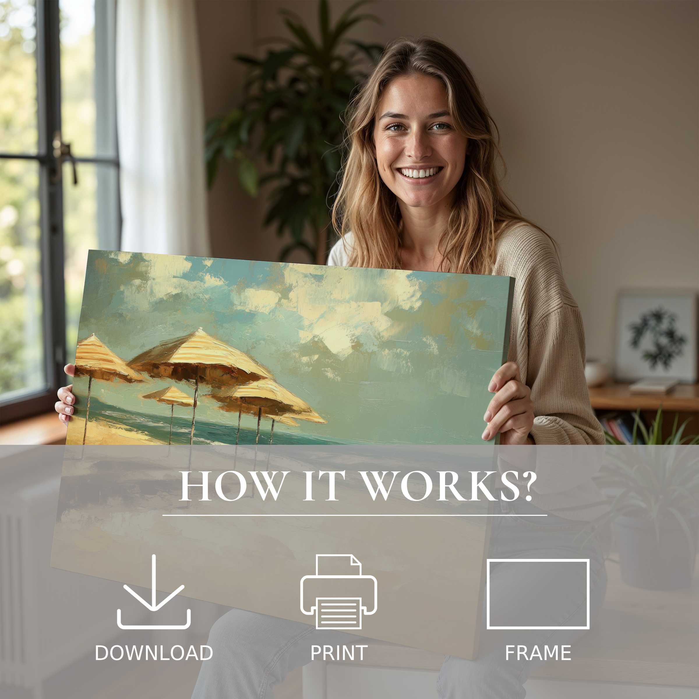 Serene connection with a beach digital art print, bringing joy and effortless elegance to modern living spaces
