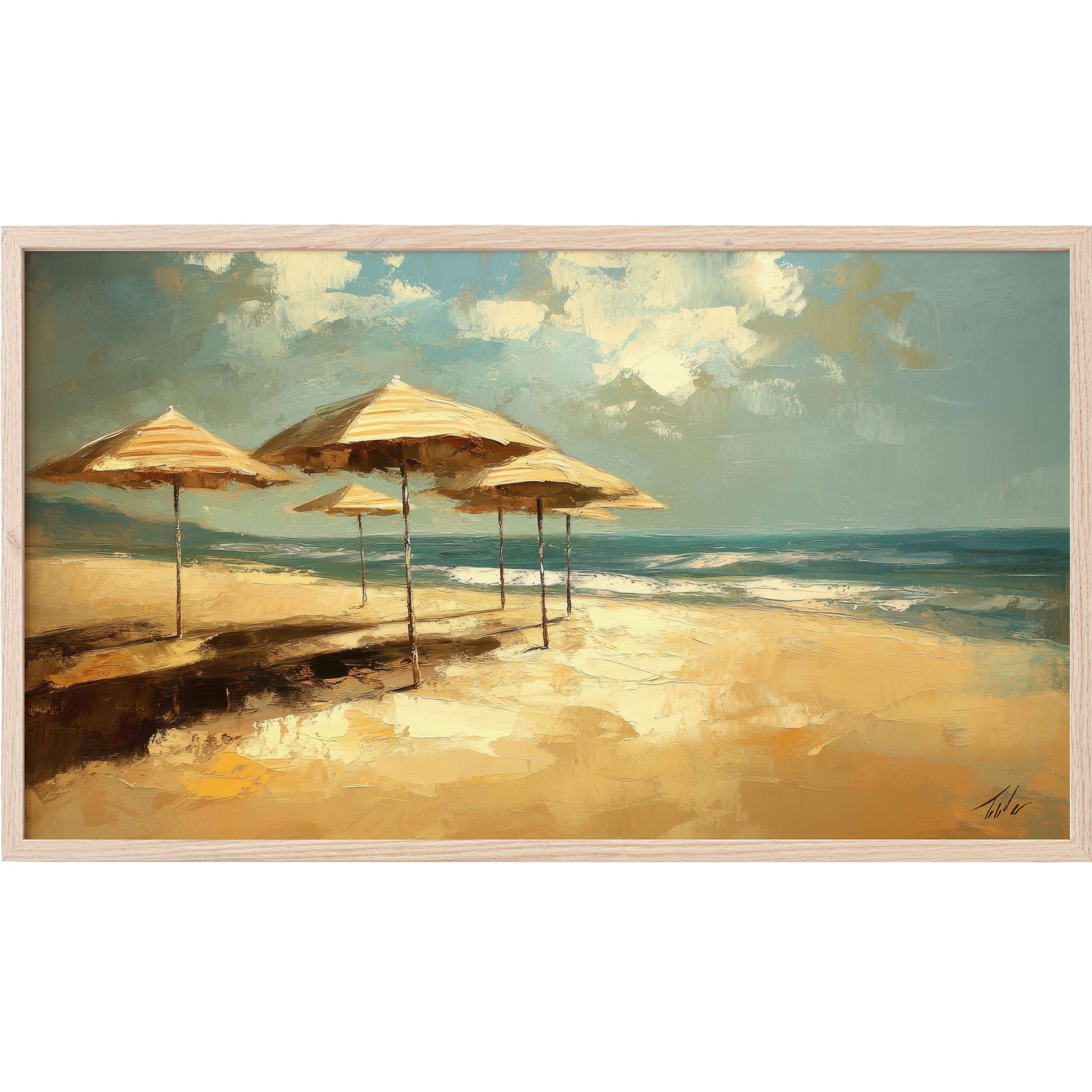 Serene beach scene with golden sand, muted blue sky, and textured umbrellas in warm tones, beach Frame TV Art