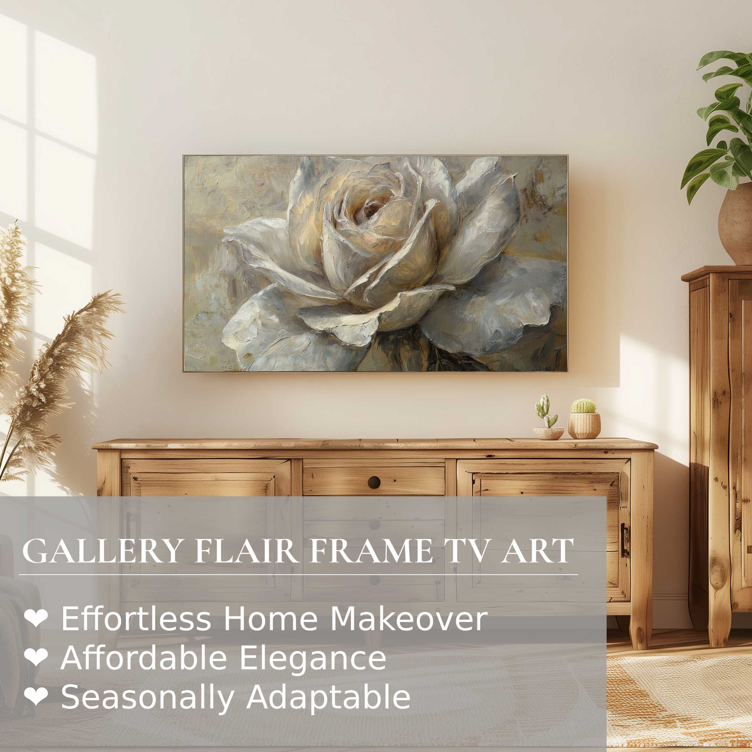 Samsung Frame TV showcasing botanical digital artwork of a textured white rose in a warm, elegant setting