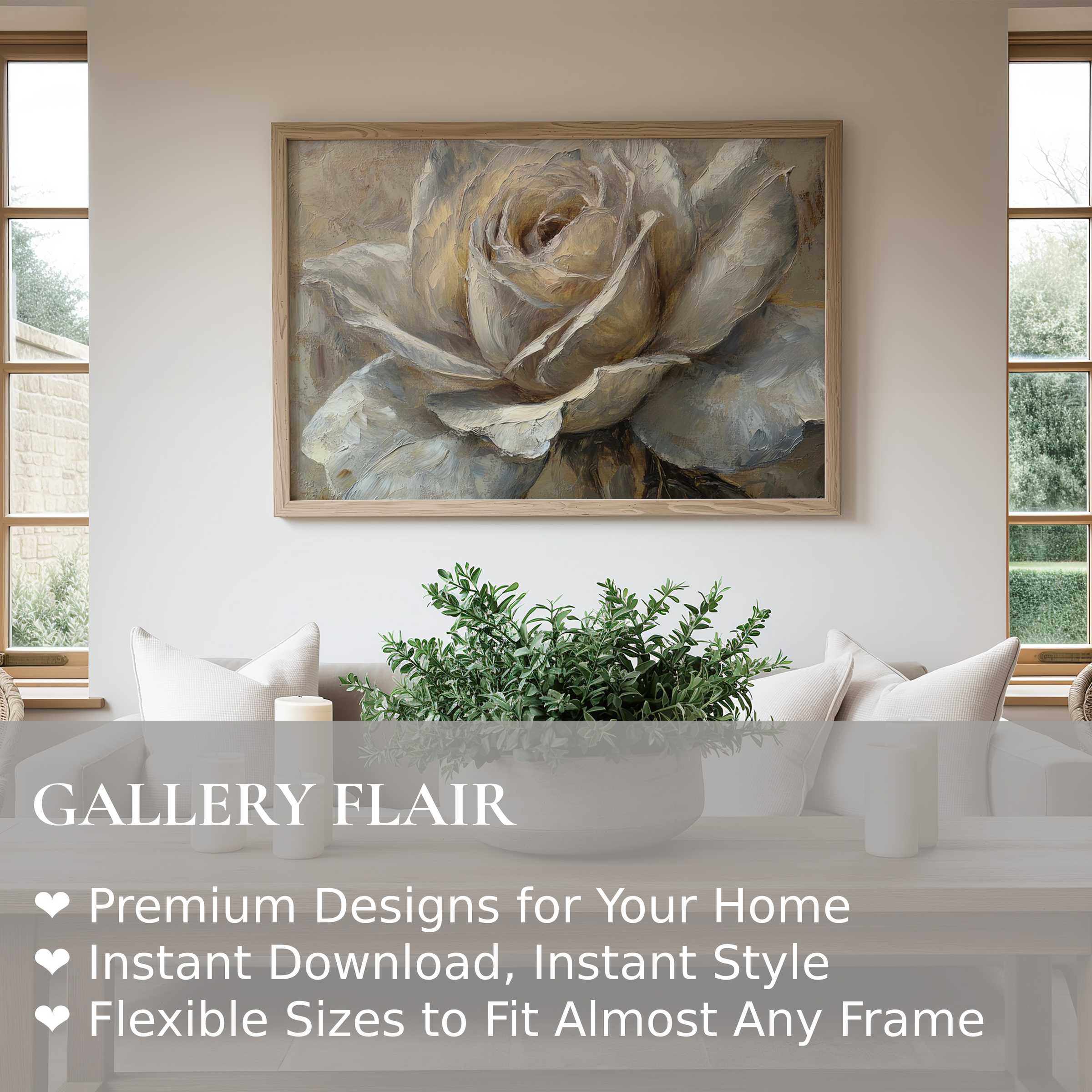 Botanical wall art print featuring a textured ivory rose, radiating calm elegance in a serene, modern living space