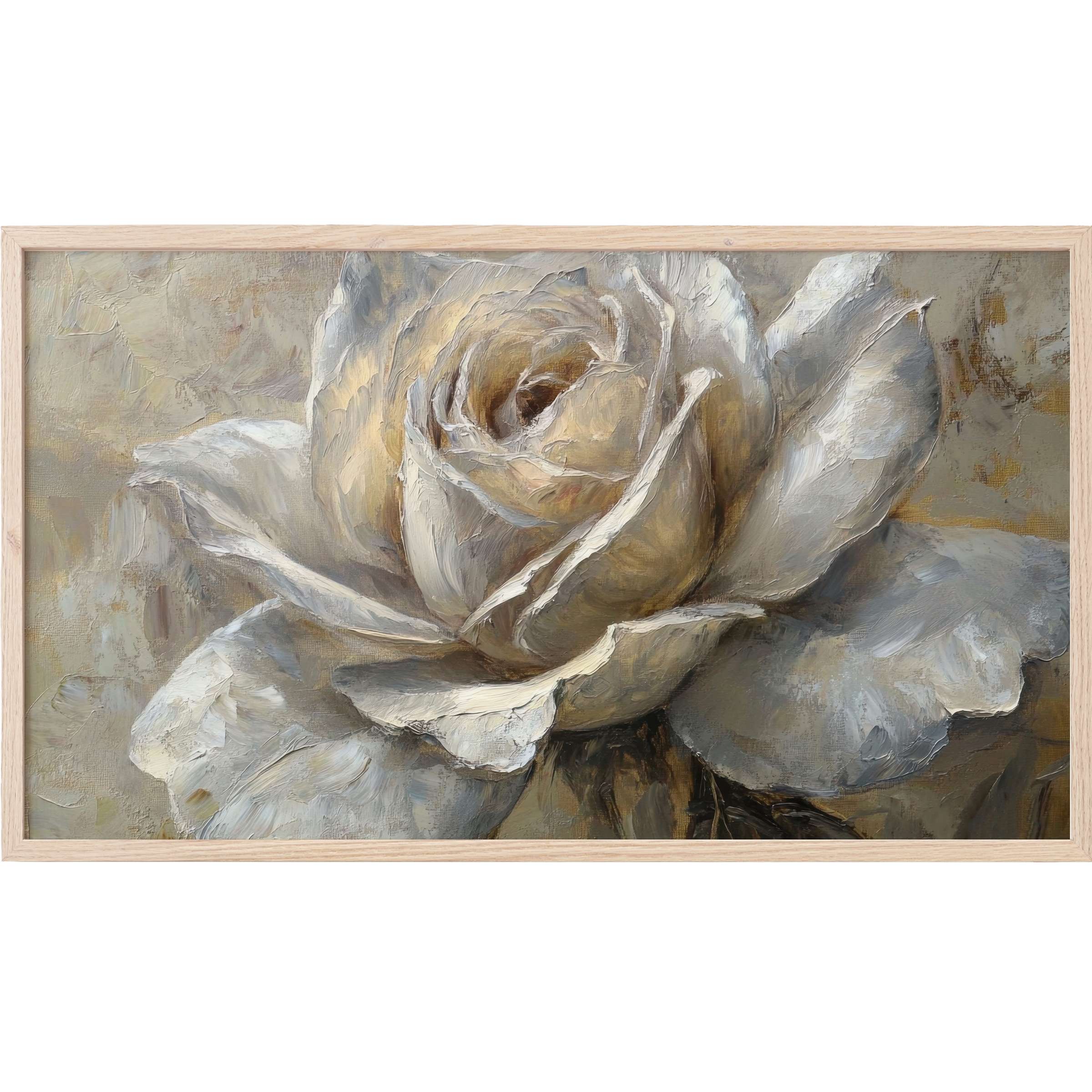 Elegant botanical Frame TV Art featuring a textured white rose in muted beige and gray tones with a modern, painterly style