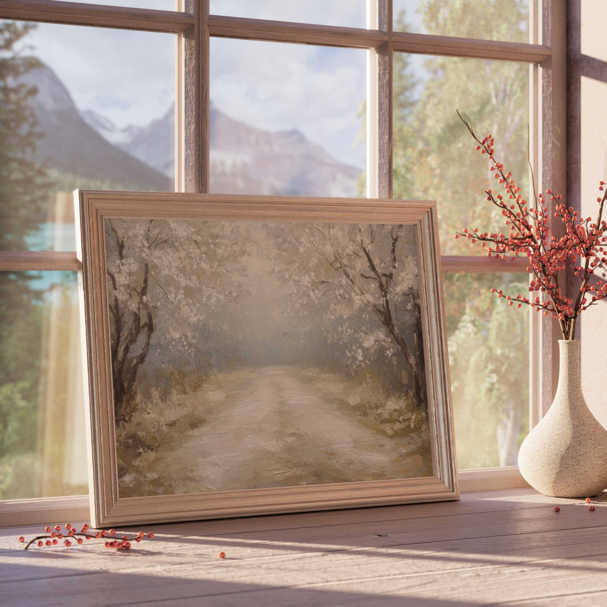 Tranquil spring downloadable art with soft blooming trees, enhancing serene, curated interiors with understated elegance and warm natural light